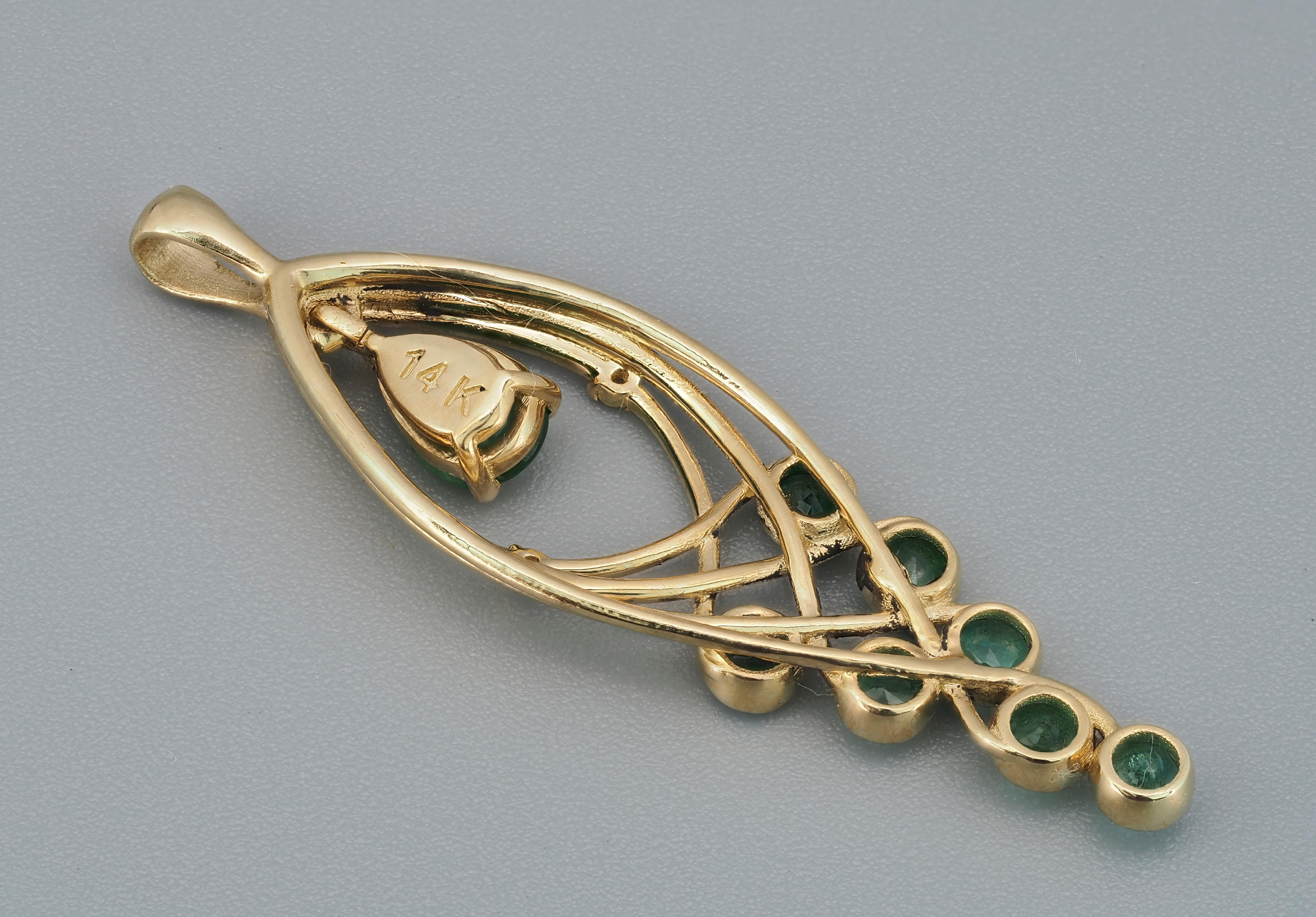 14k Gold Pendant with Emerald, Emeralds and Diamonds, Leaf Pendant For Sale 1