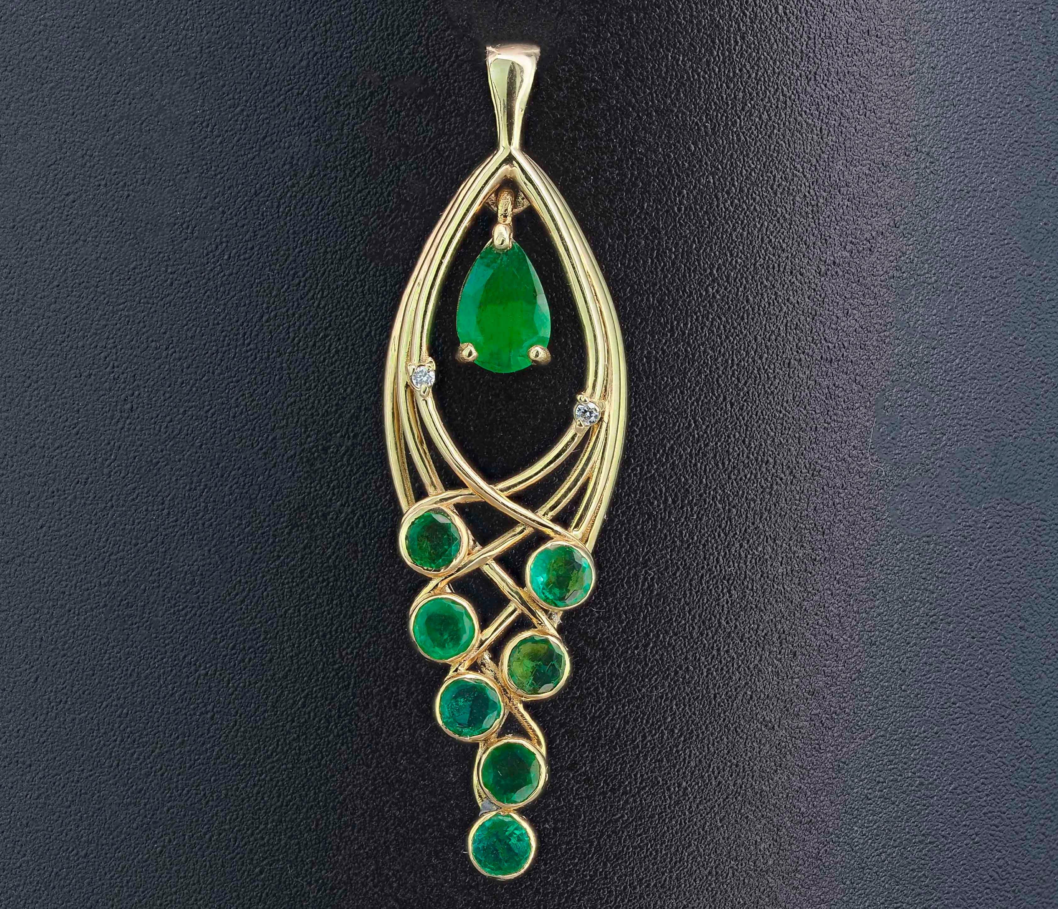 14k Gold Pendant with Emerald, Emeralds and Diamonds, Leaf Pendant For Sale 2