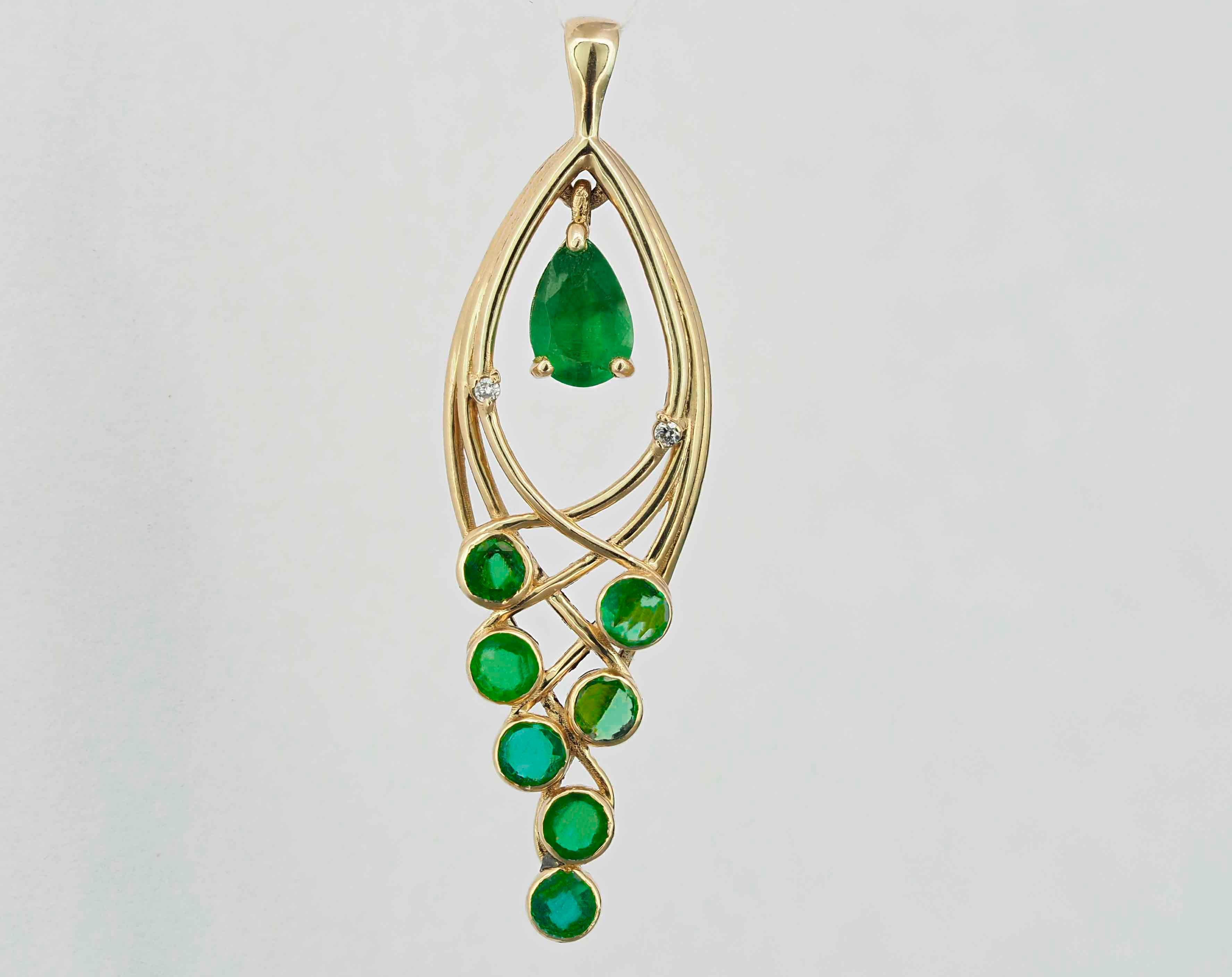 14k Gold Pendant with Emerald, Emeralds and Diamonds, Leaf Pendant For Sale 3
