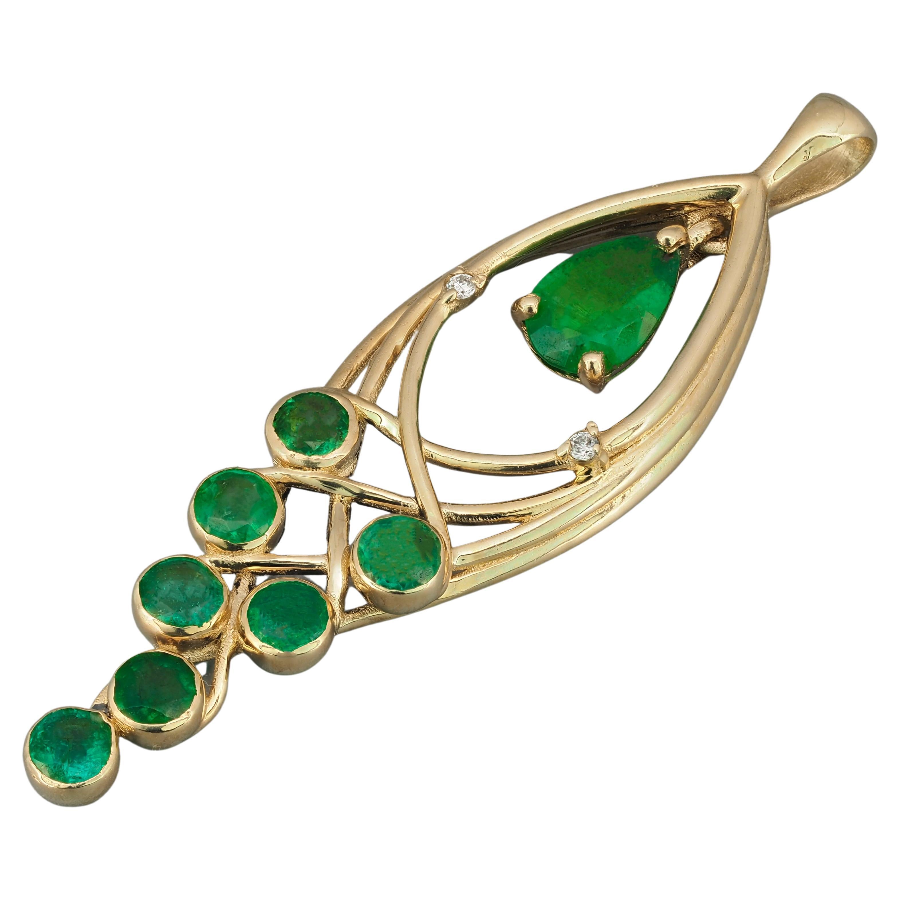 14k Gold Pendant with Emerald, Emeralds and Diamonds, Leaf Pendant For Sale