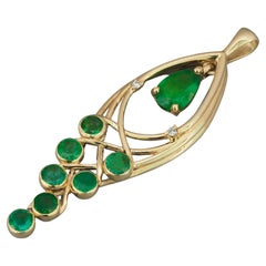 14k Gold Pendant with Emerald, Emeralds and Diamonds, Leaf Pendant