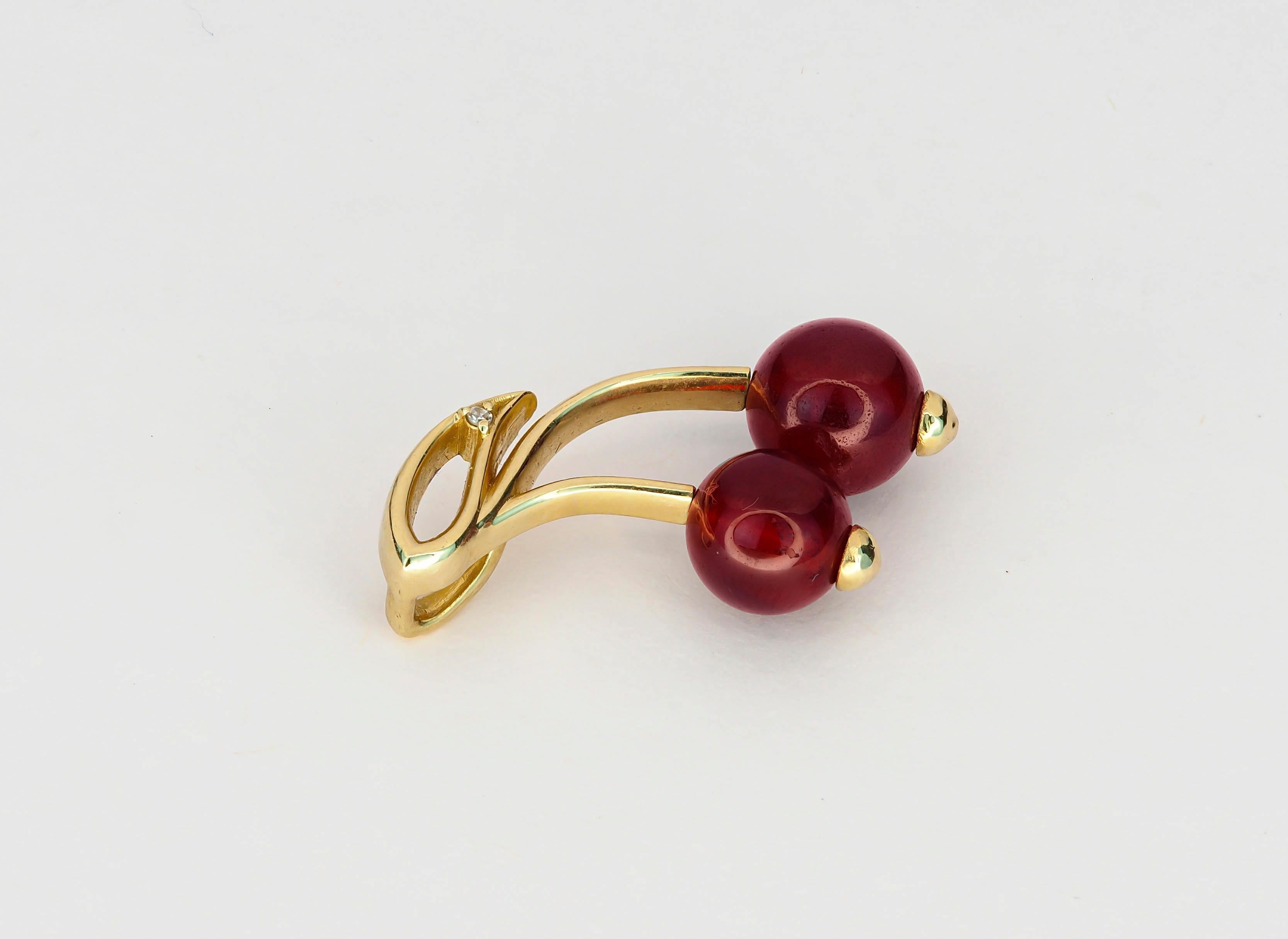 Cabochon 14k Gold Pendant with Garnets and Diamond, Cherry Pendant For Sale