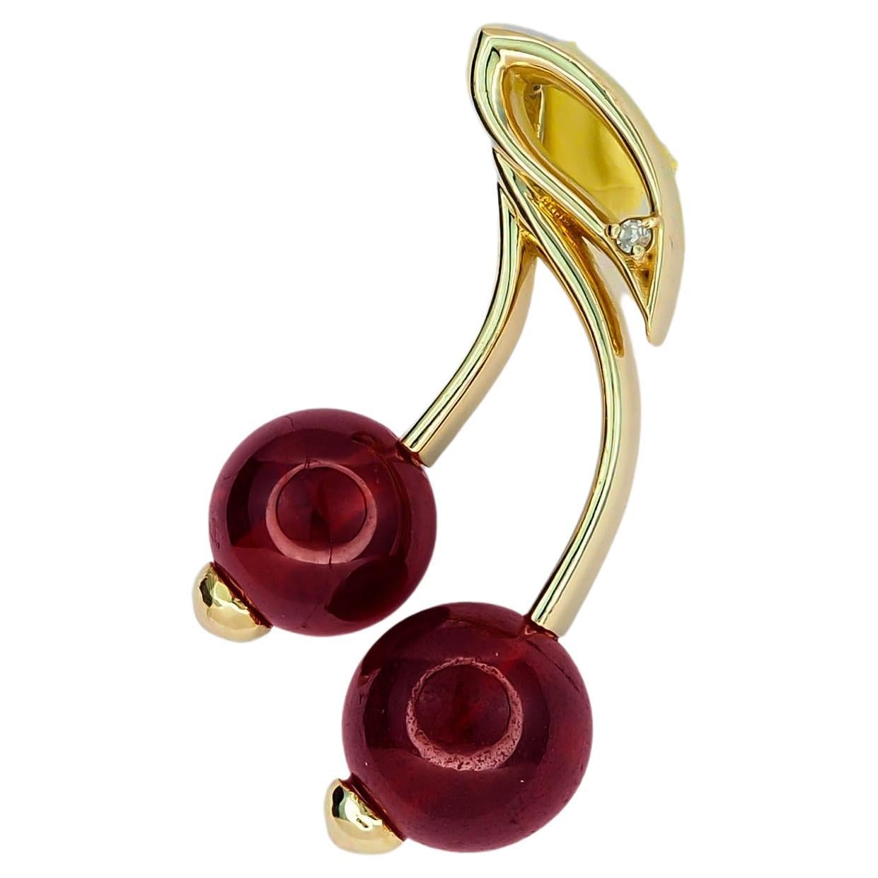 Kirsche Anhänger mit Granaten und Diamant in 14k Gold Anhänger