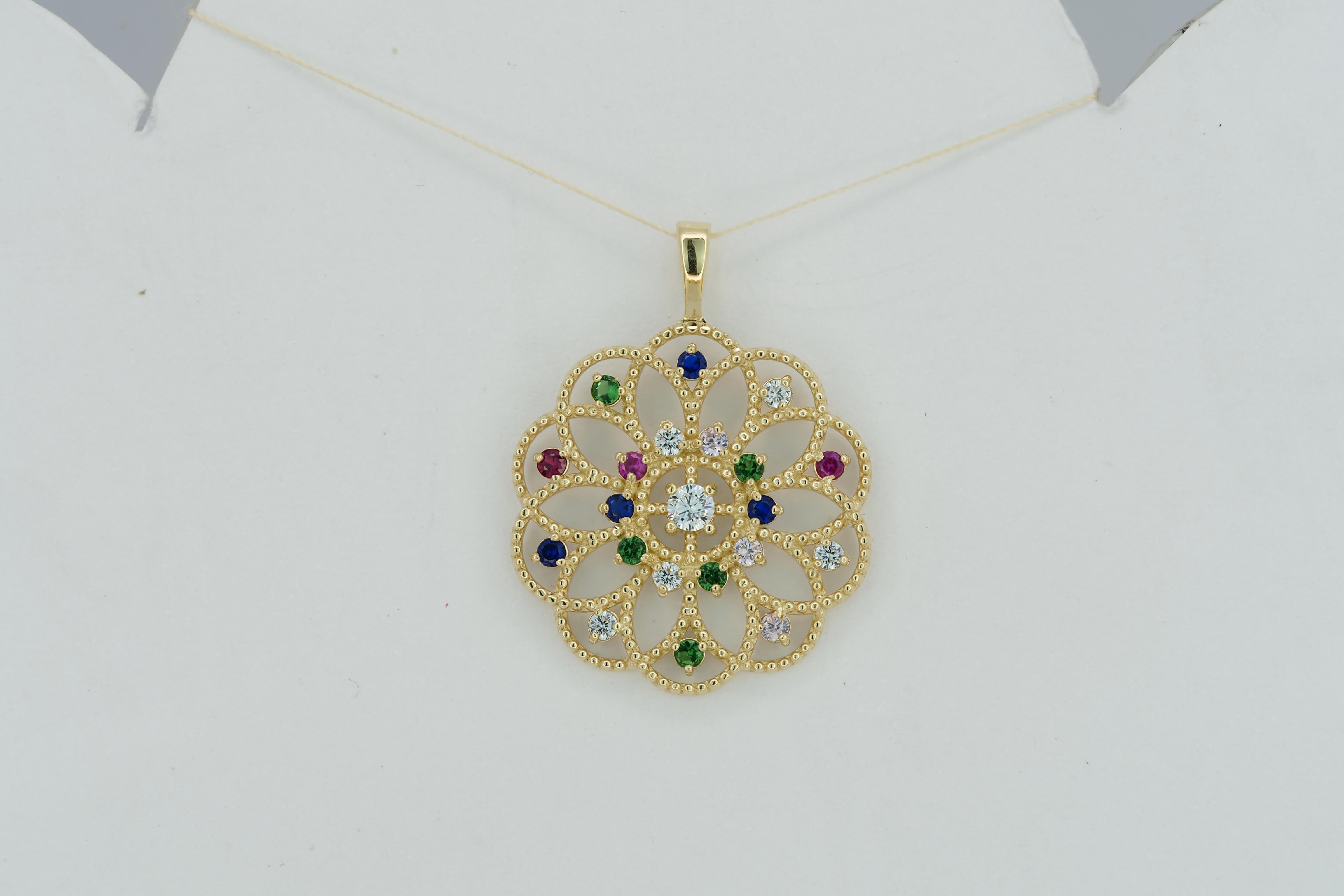 Art Déco Ciondolo in oro 14k con gemme multicolore. in vendita