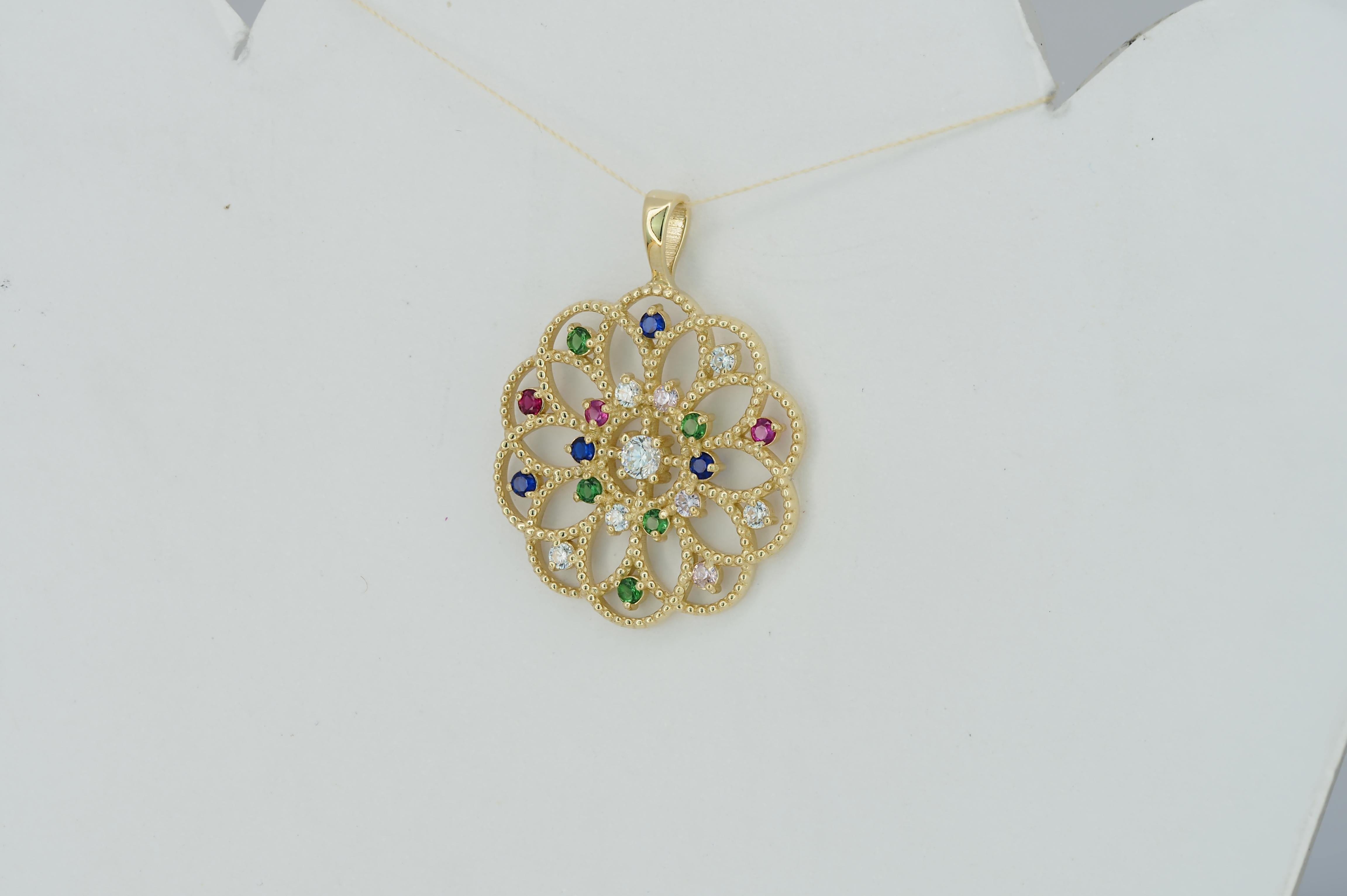 Taglio rotondo Ciondolo in oro 14k con gemme multicolore. in vendita