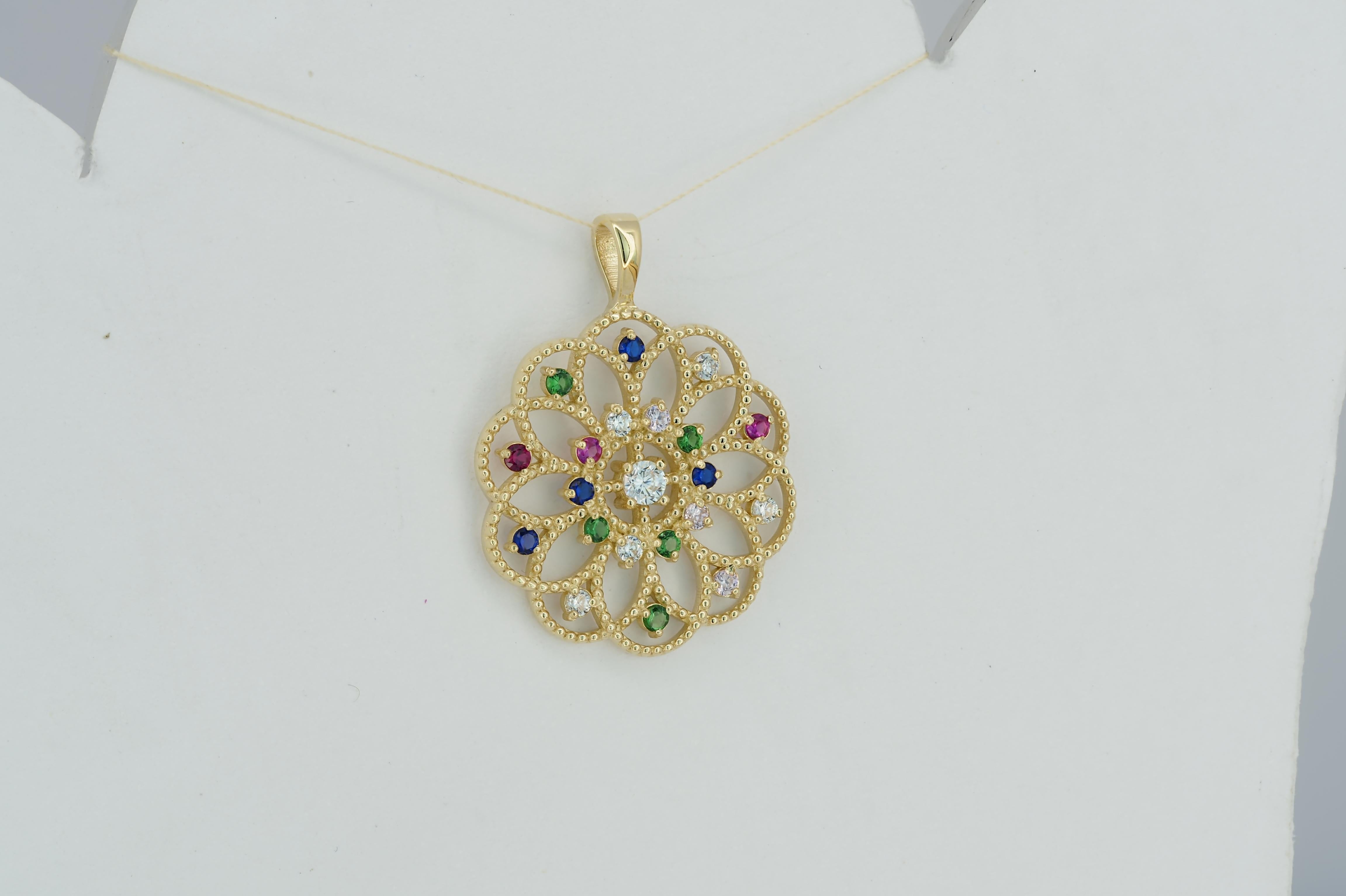 Ciondolo in oro 14k con gemme multicolore. In condizioni Nuovo in vendita a Istanbul, TR
