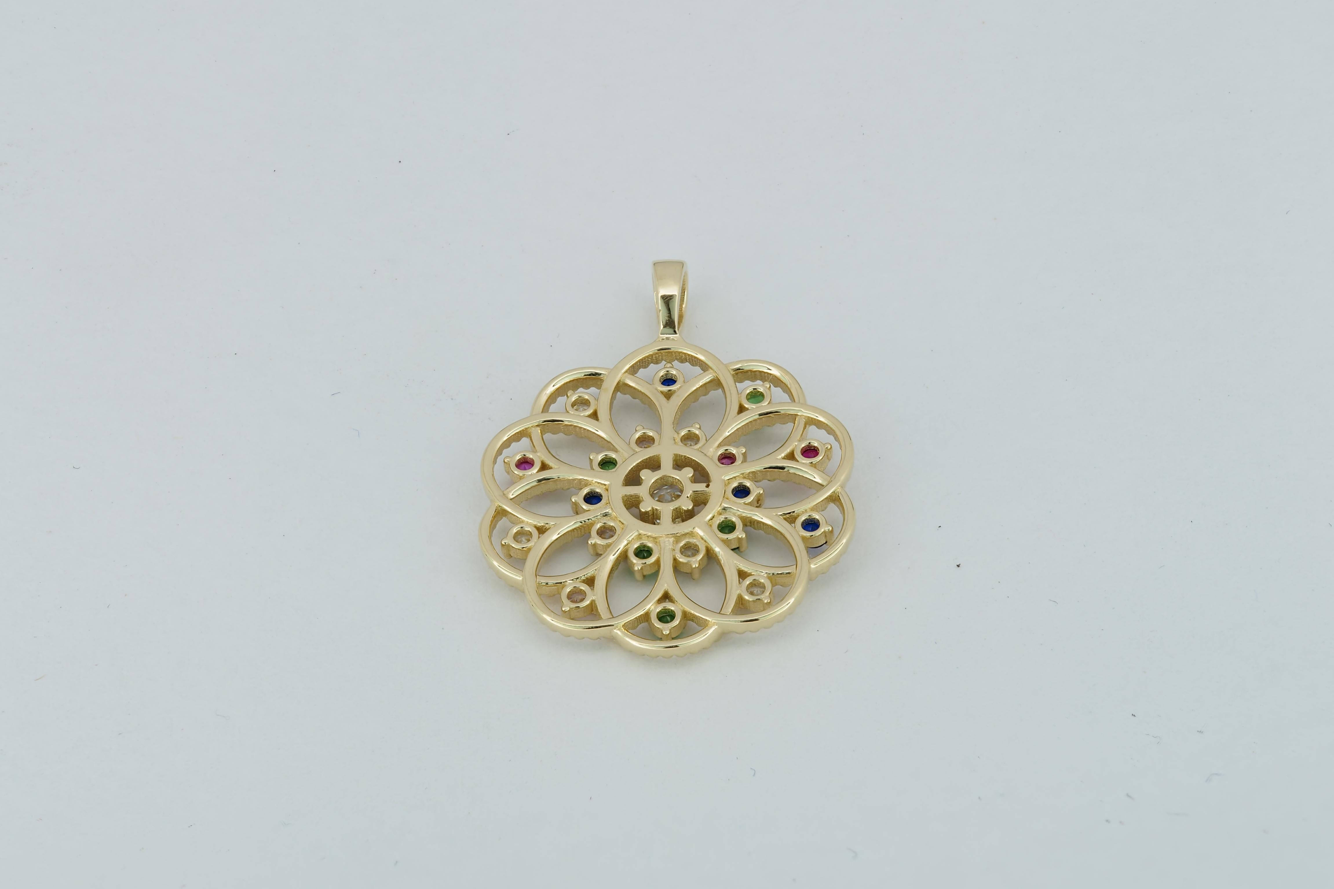 Ciondolo in oro 14k con gemme multicolore. in vendita 1