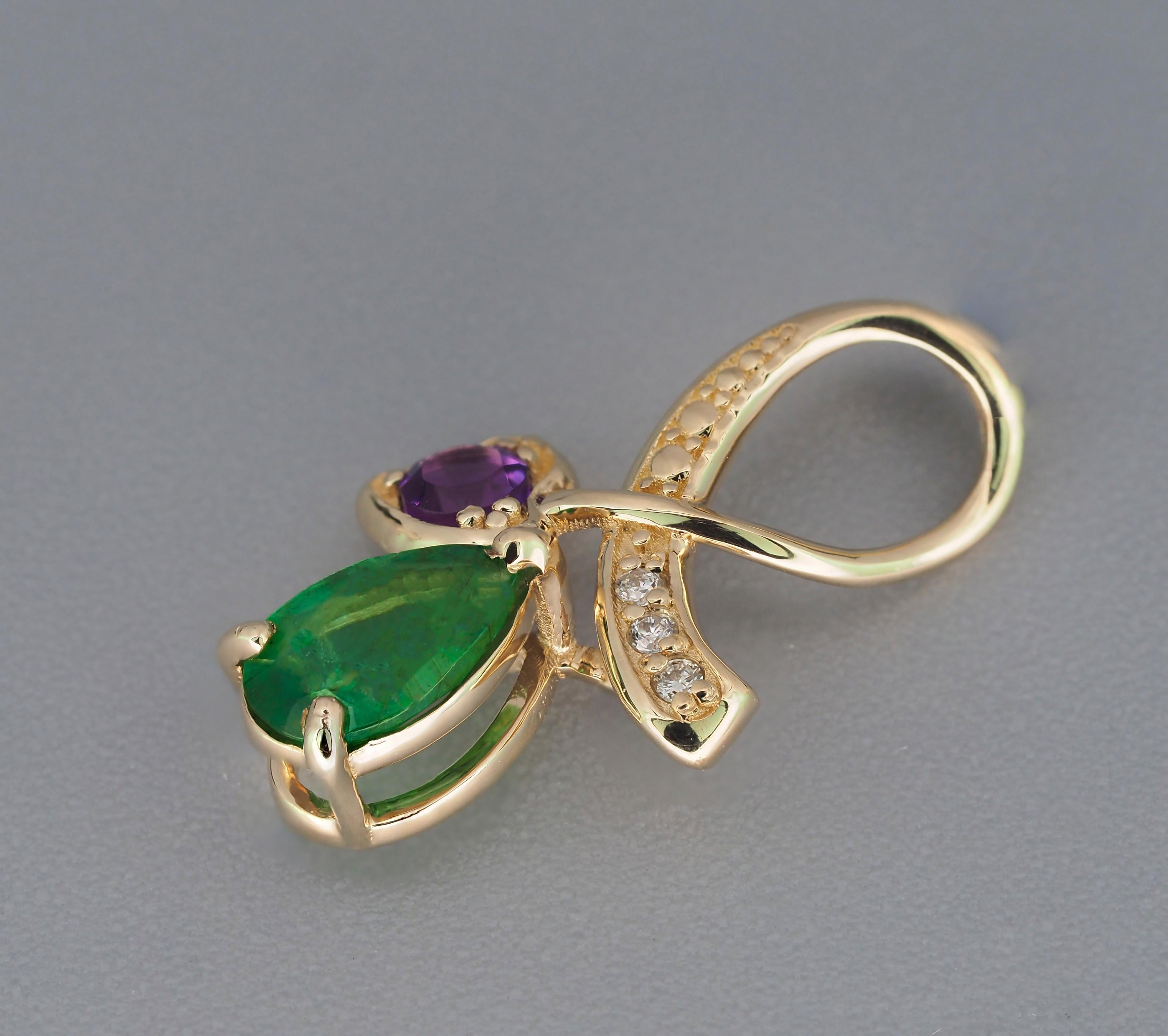 14k Gold Pendant with Natural Emerald, Amethyst and Diamonds In New Condition For Sale In Istanbul, TR