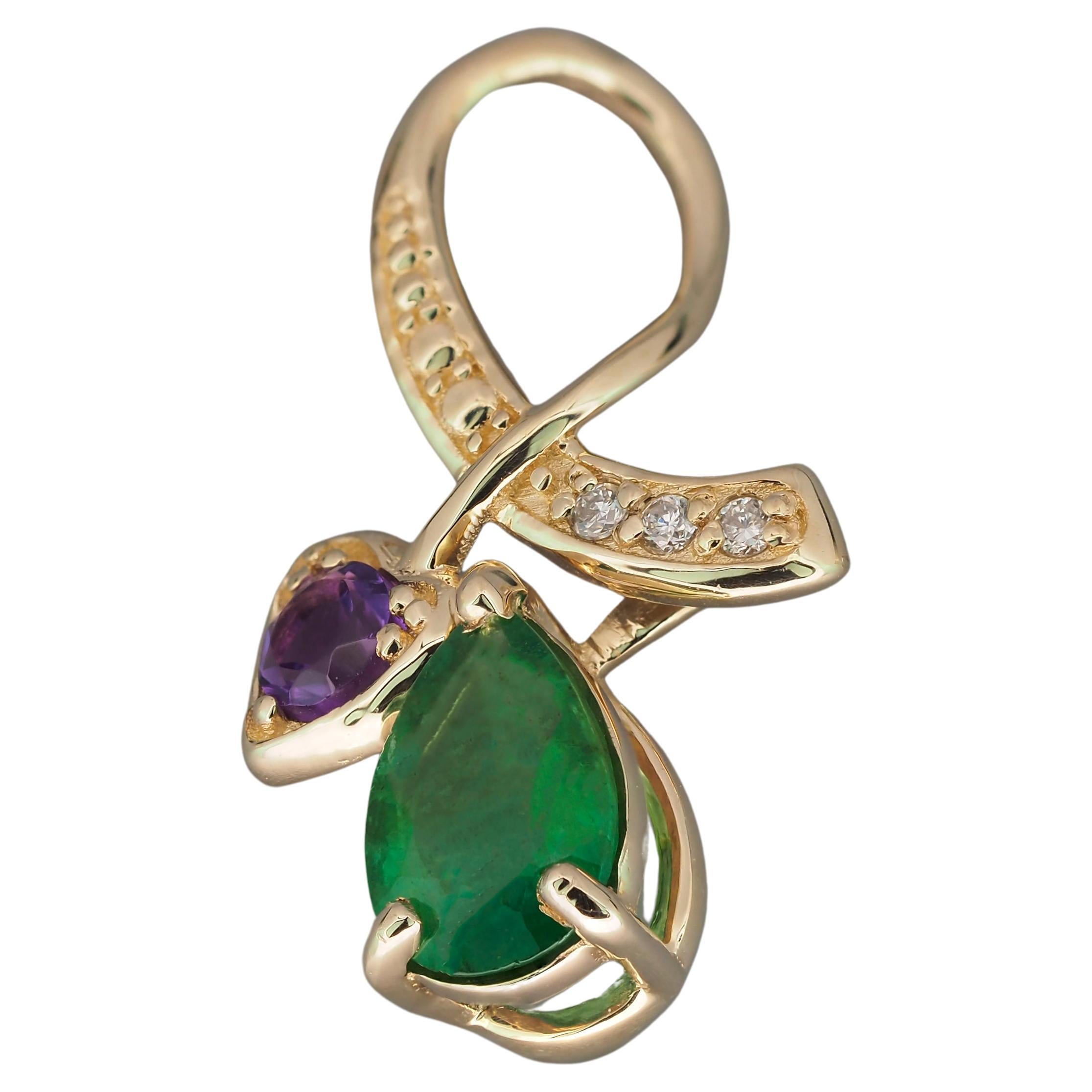 14k Gold Pendant with Natural Emerald, Amethyst and Diamonds