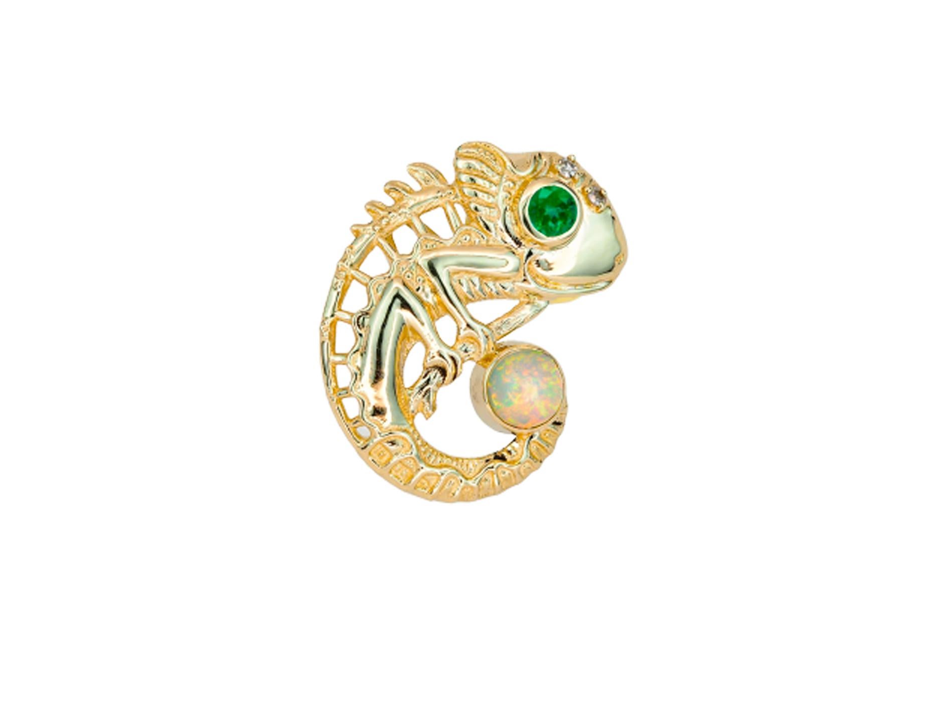 14k Gold Pendant with Opal, Emerald and Diamonds, Chameleon Pendant! For Sale 5