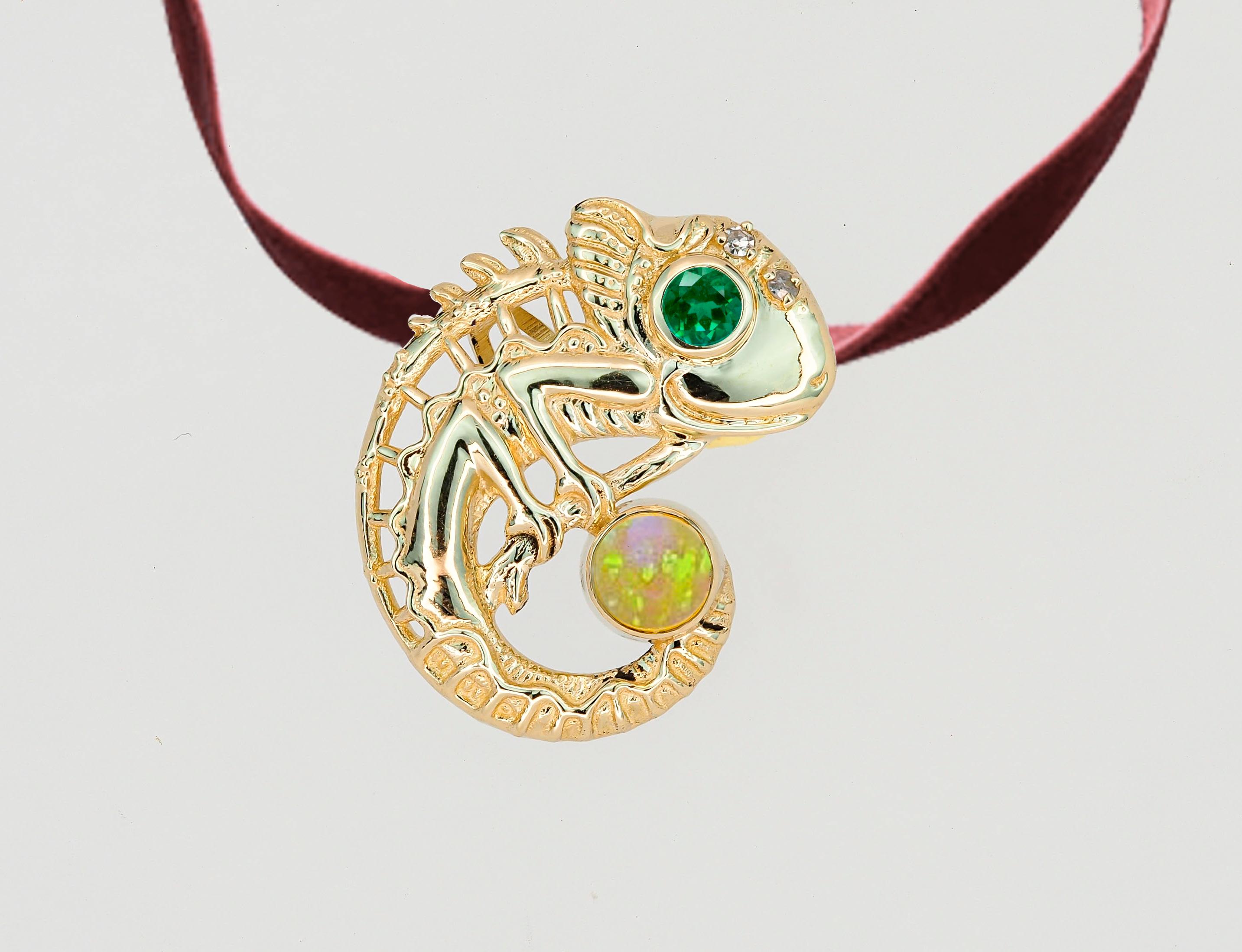 Modern 14k Gold Pendant with Opal, Emerald and Diamonds, Chameleon Pendant! For Sale