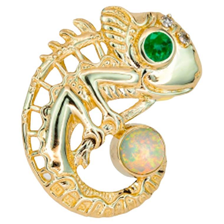 Pendentif en or 14k avec opale, émeraude et diamants, pendentif caméléon ! en vente