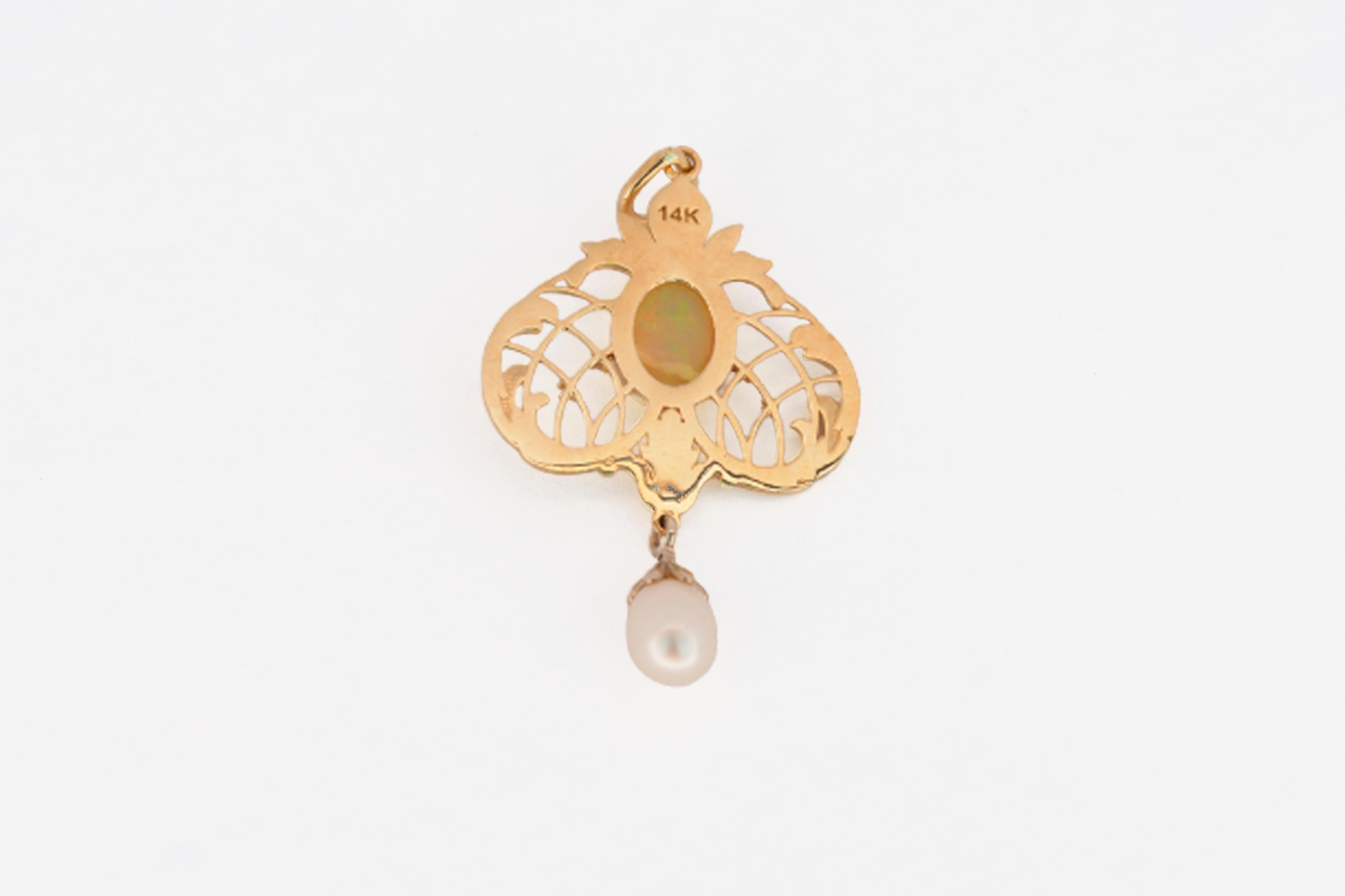 Cabochon 14 Karat Gold Pendant with Opal, Pearl and Diamonds For Sale