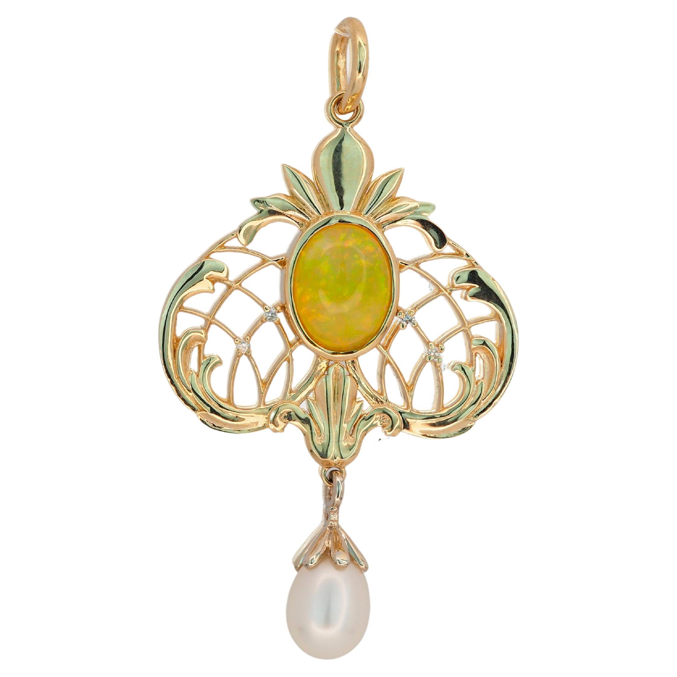 14 Karat Gold Pendant with Opal, Pearl and Diamonds For Sale