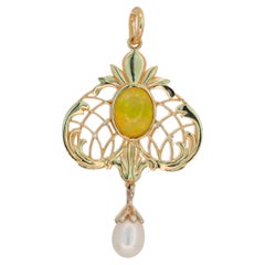 14 Karat Gold Pendant with Opal, Pearl and Diamonds