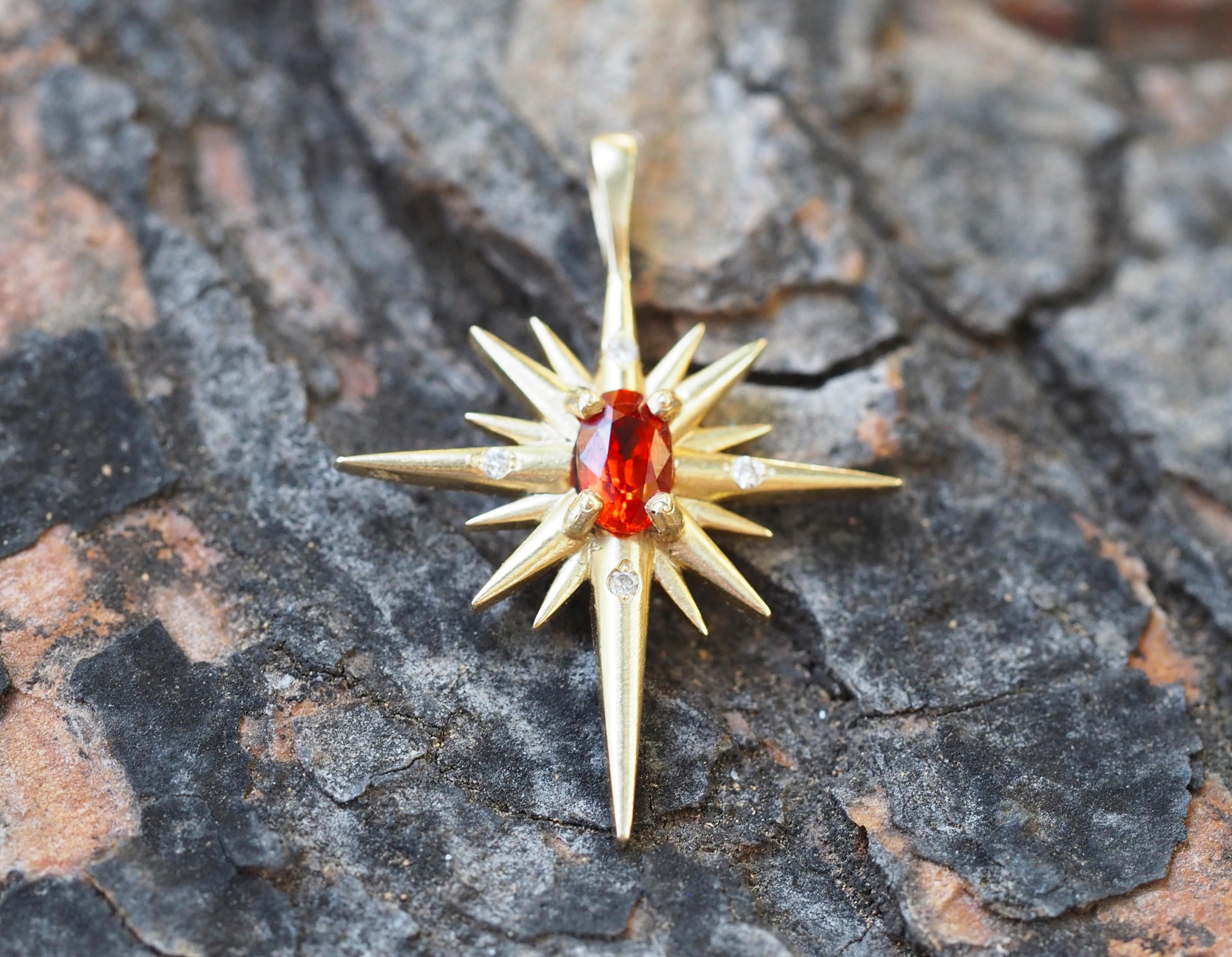 14k Gold Pendant with Orange-Red Sapphire and Diamonds, Shining Star Pendant For Sale 4