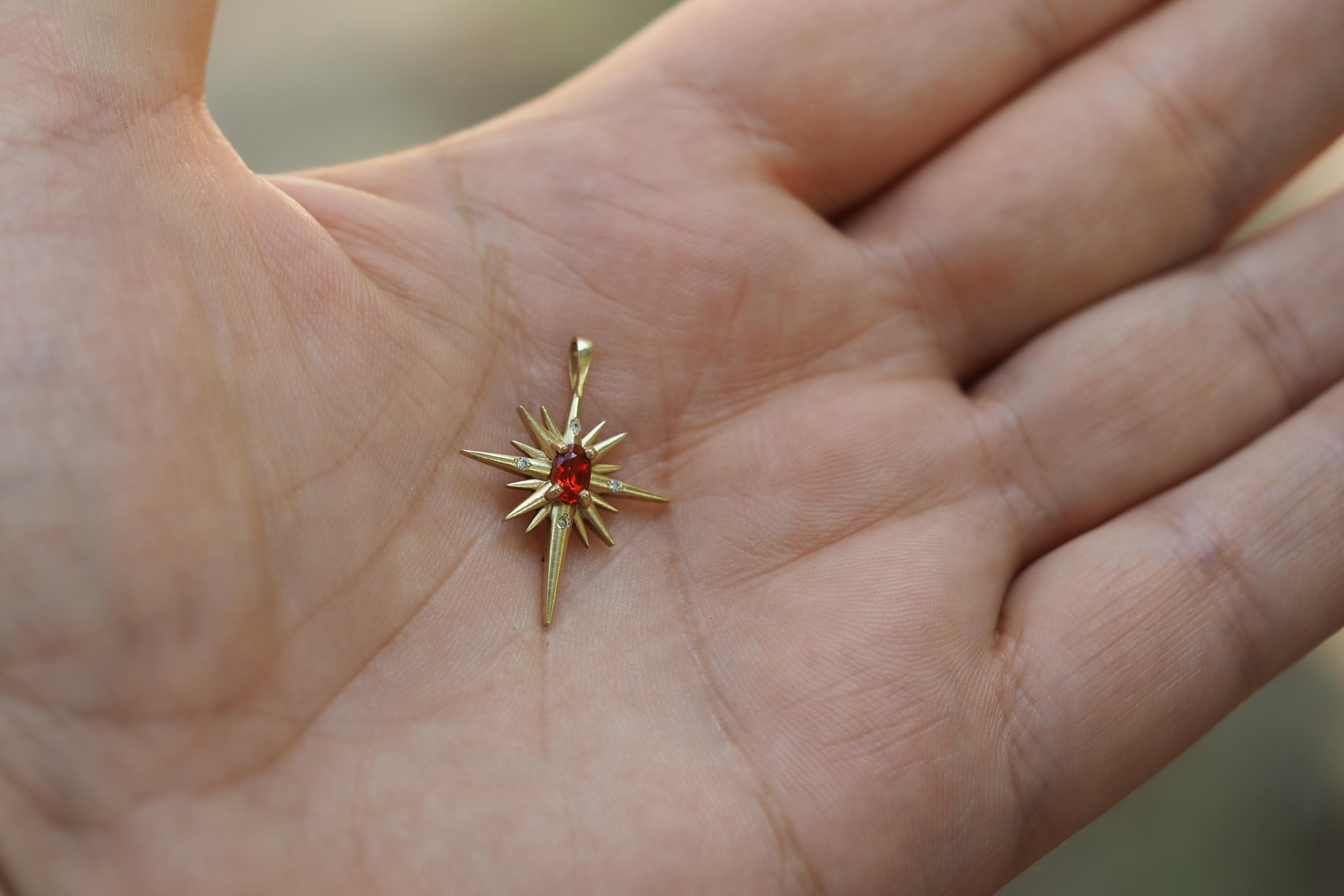 14k Gold Pendant with Orange-Red Sapphire and Diamonds, Shining Star Pendant For Sale 5