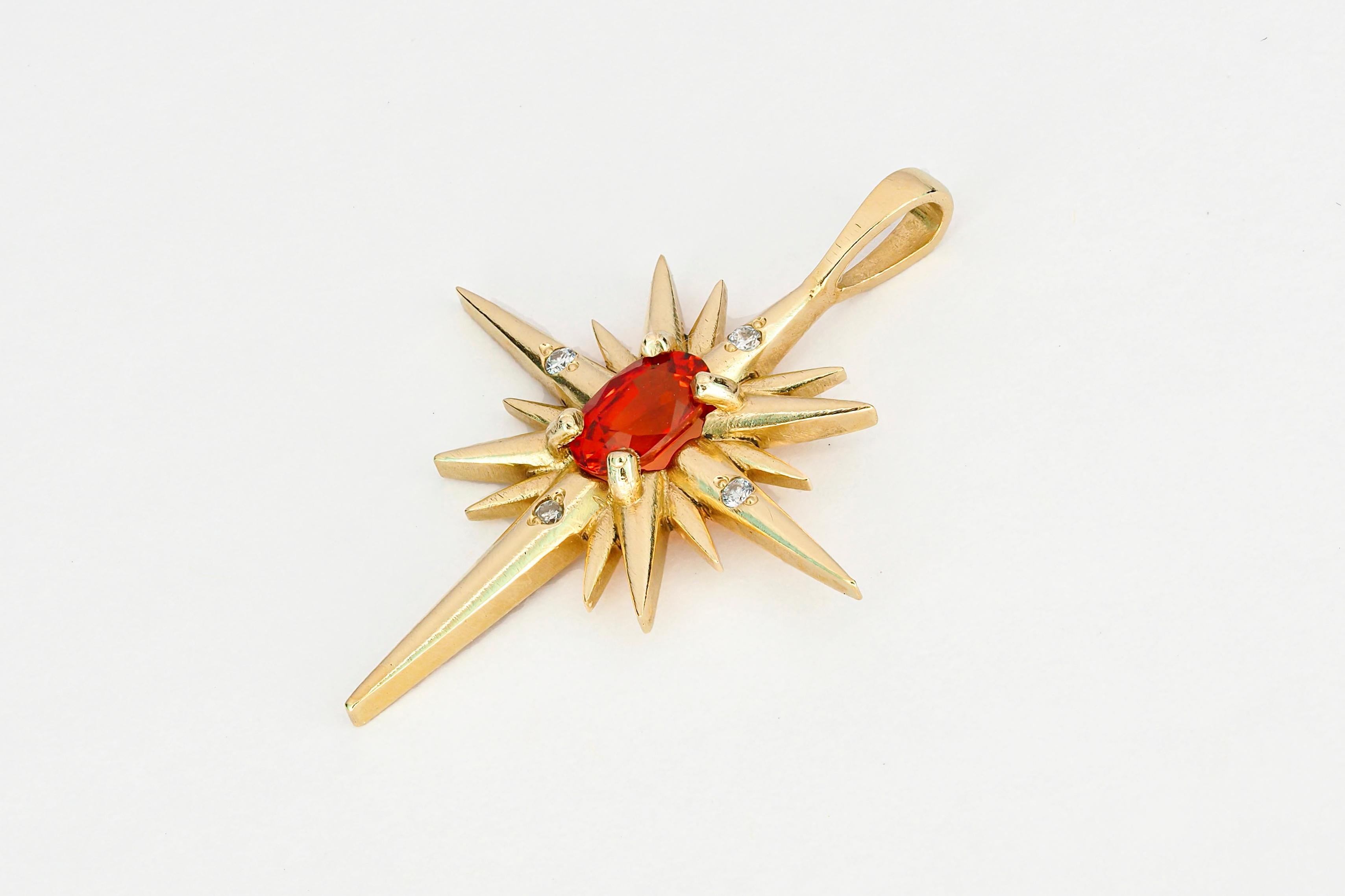 Modern 14k Gold Pendant with Orange-Red Sapphire and Diamonds, Shining Star Pendant For Sale