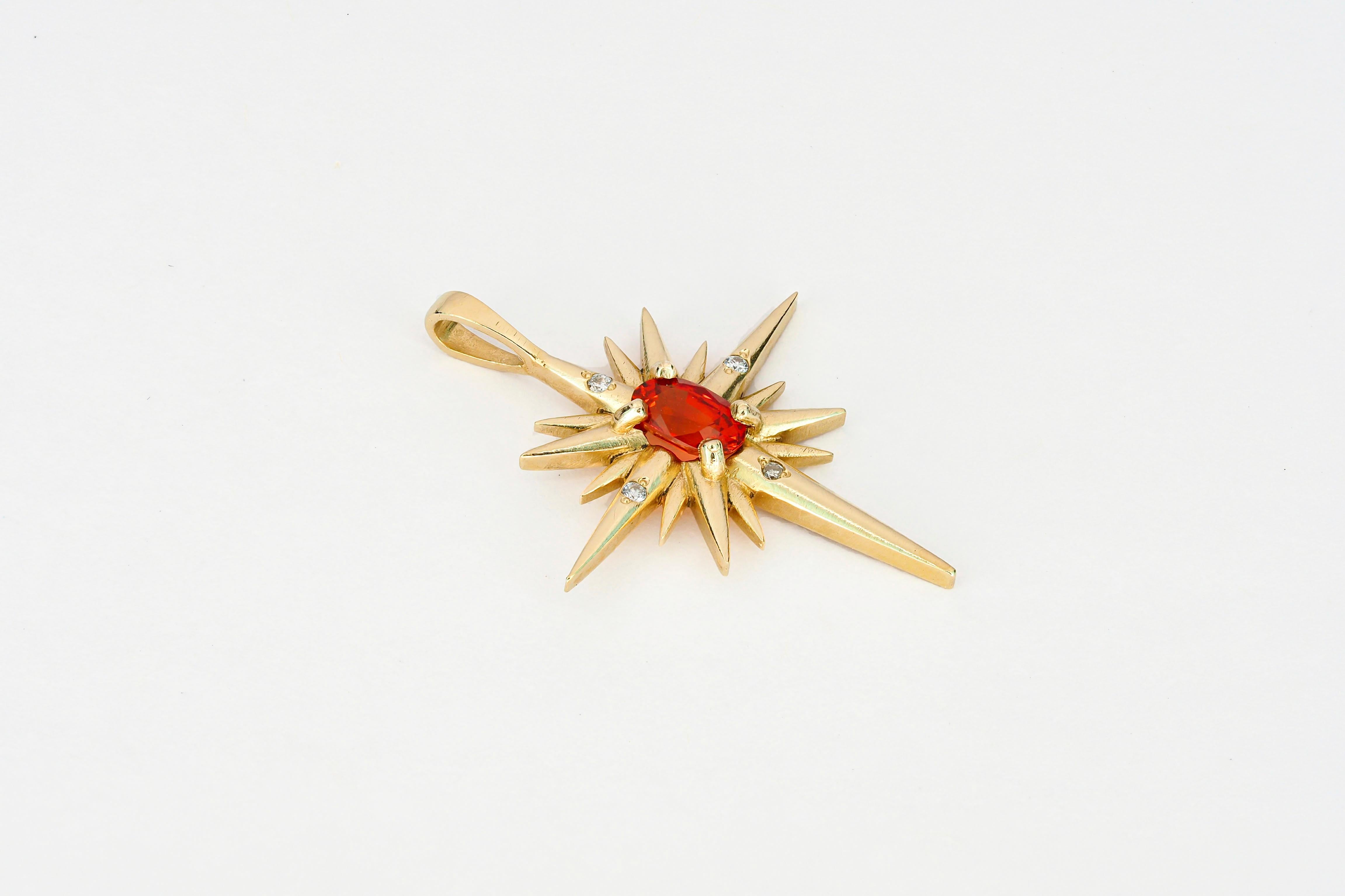 Modern 14k Gold Pendant with Orange-Red Sapphire and Diamonds, Shining Star Pendant For Sale