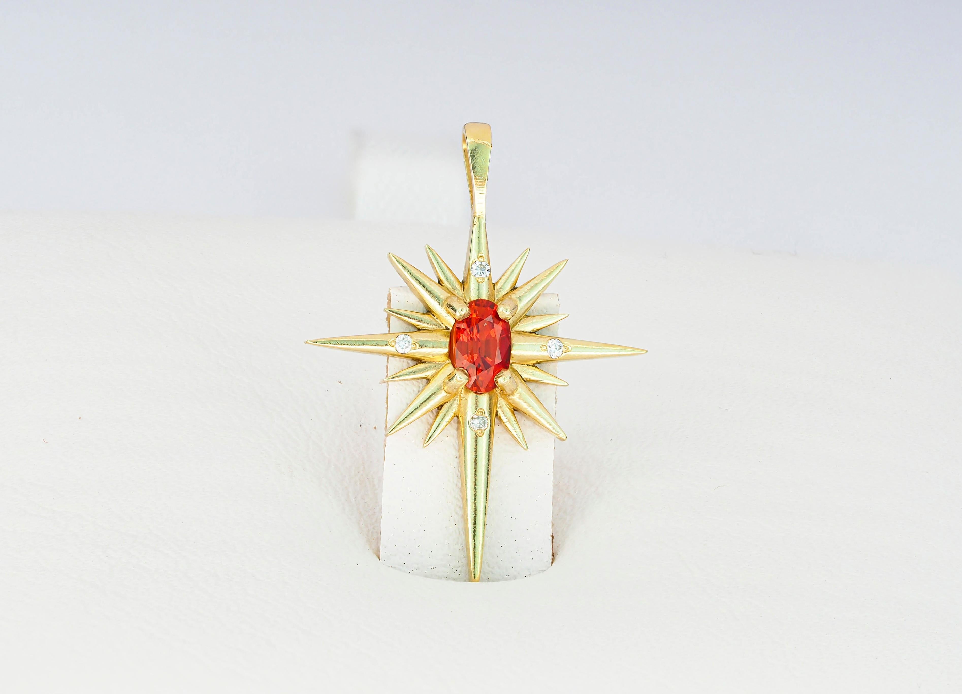 Oval Cut 14k Gold Pendant with Orange-Red Sapphire and Diamonds, Shining Star Pendant For Sale