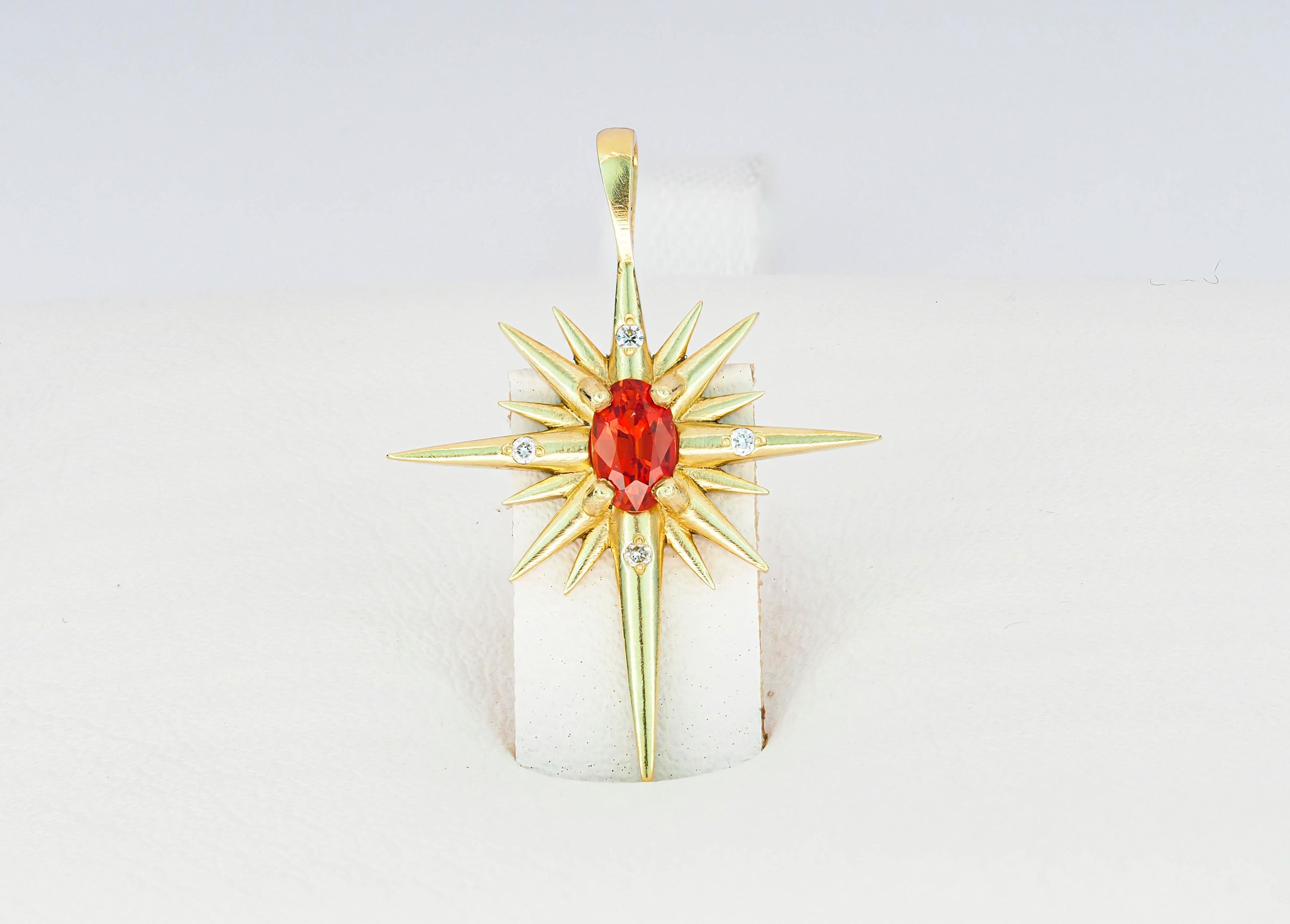 Women's 14k Gold Pendant with Orange-Red Sapphire and Diamonds, Shining Star Pendant For Sale