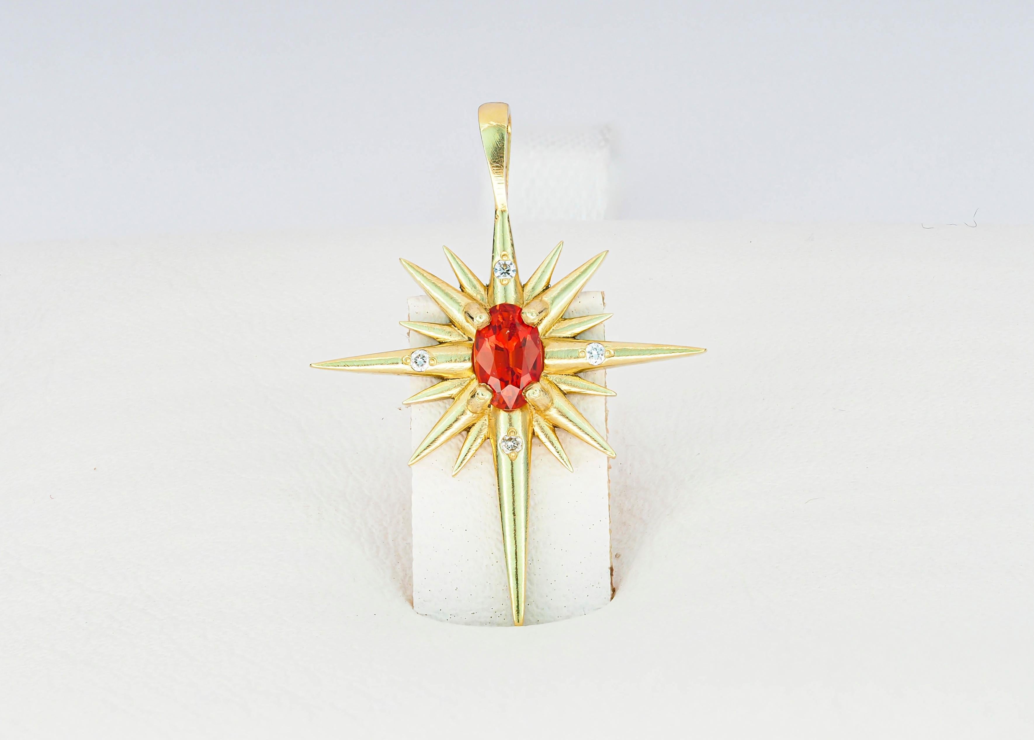 14k Gold Pendant with Orange-Red Sapphire and Diamonds, Shining Star Pendant In New Condition For Sale In Istanbul, TR
