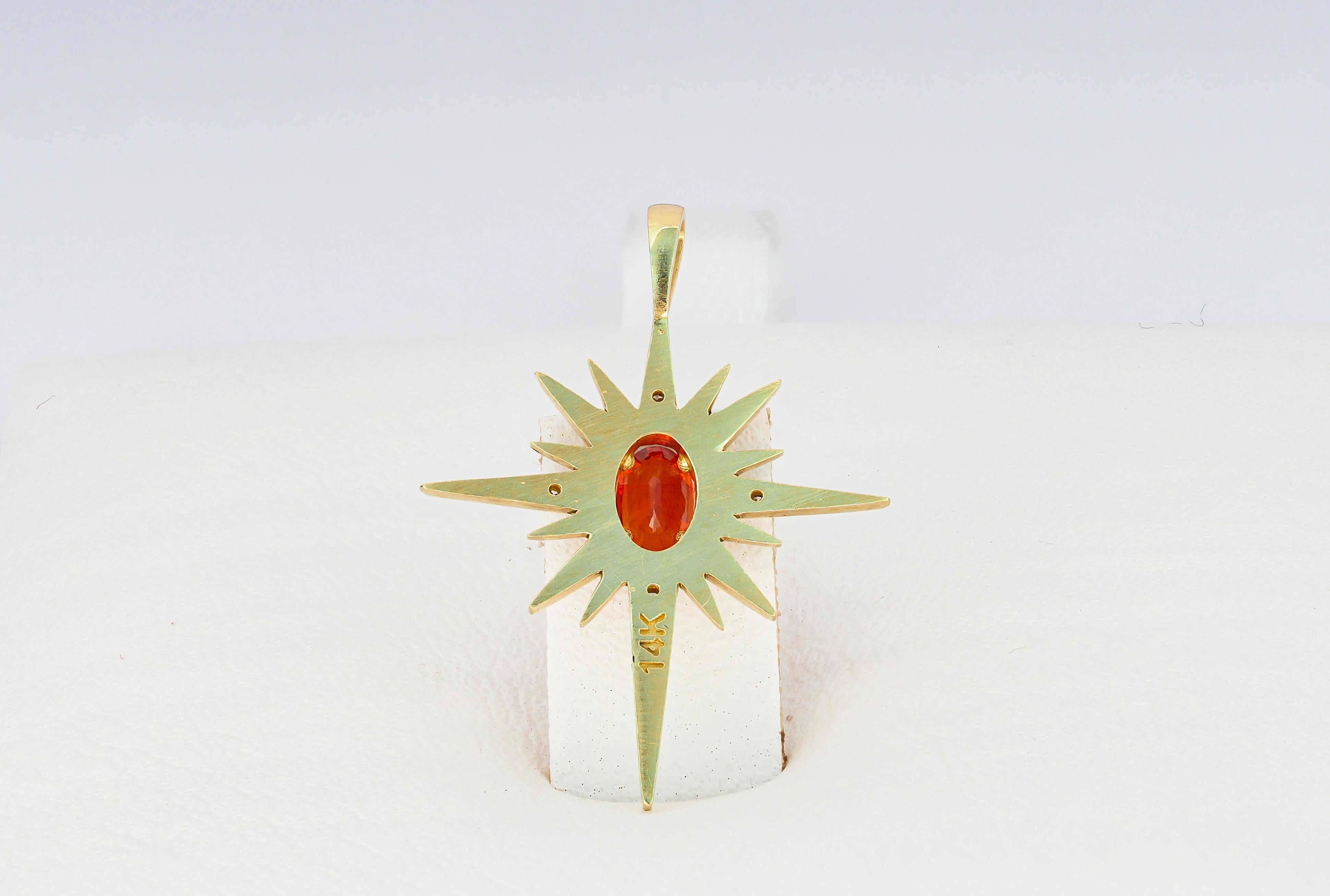 14k Gold Pendant with Orange-Red Sapphire and Diamonds, Shining Star Pendant For Sale 1
