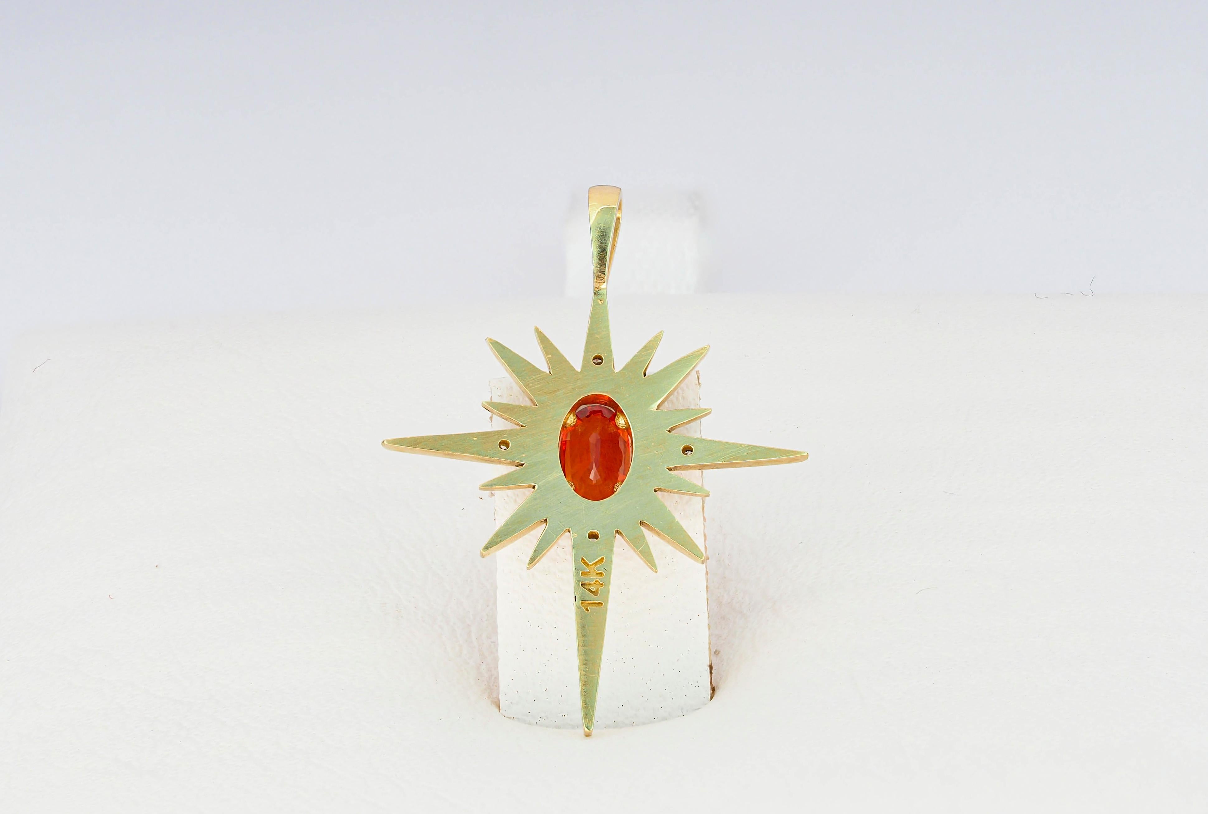 Ciondolo in oro 14k con zaffiro rosso-arancione e diamanti, ciondolo a forma di stella brillante in vendita 1
