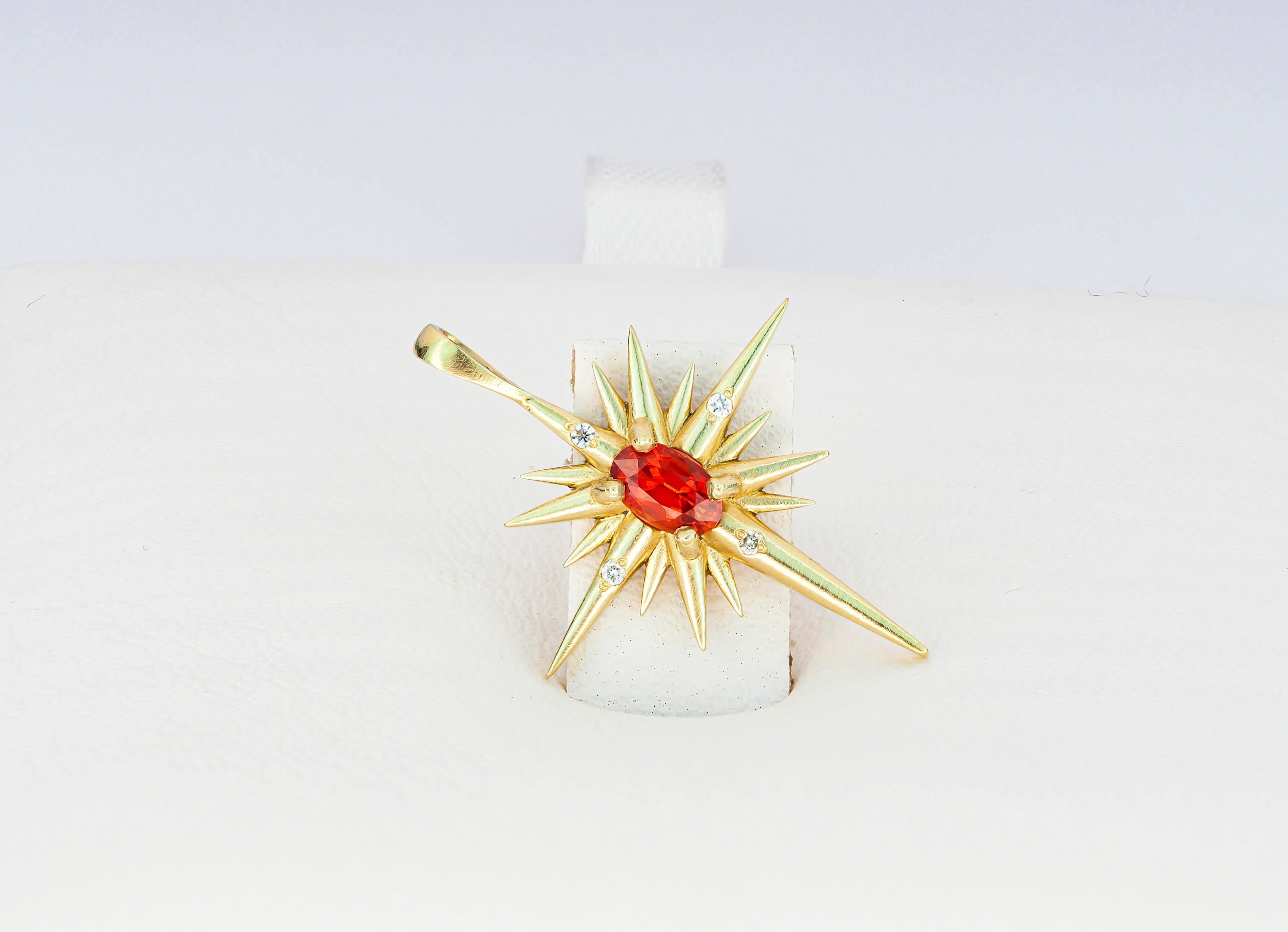 Ciondolo in oro 14k con zaffiro rosso-arancione e diamanti, ciondolo a forma di stella brillante in vendita 2