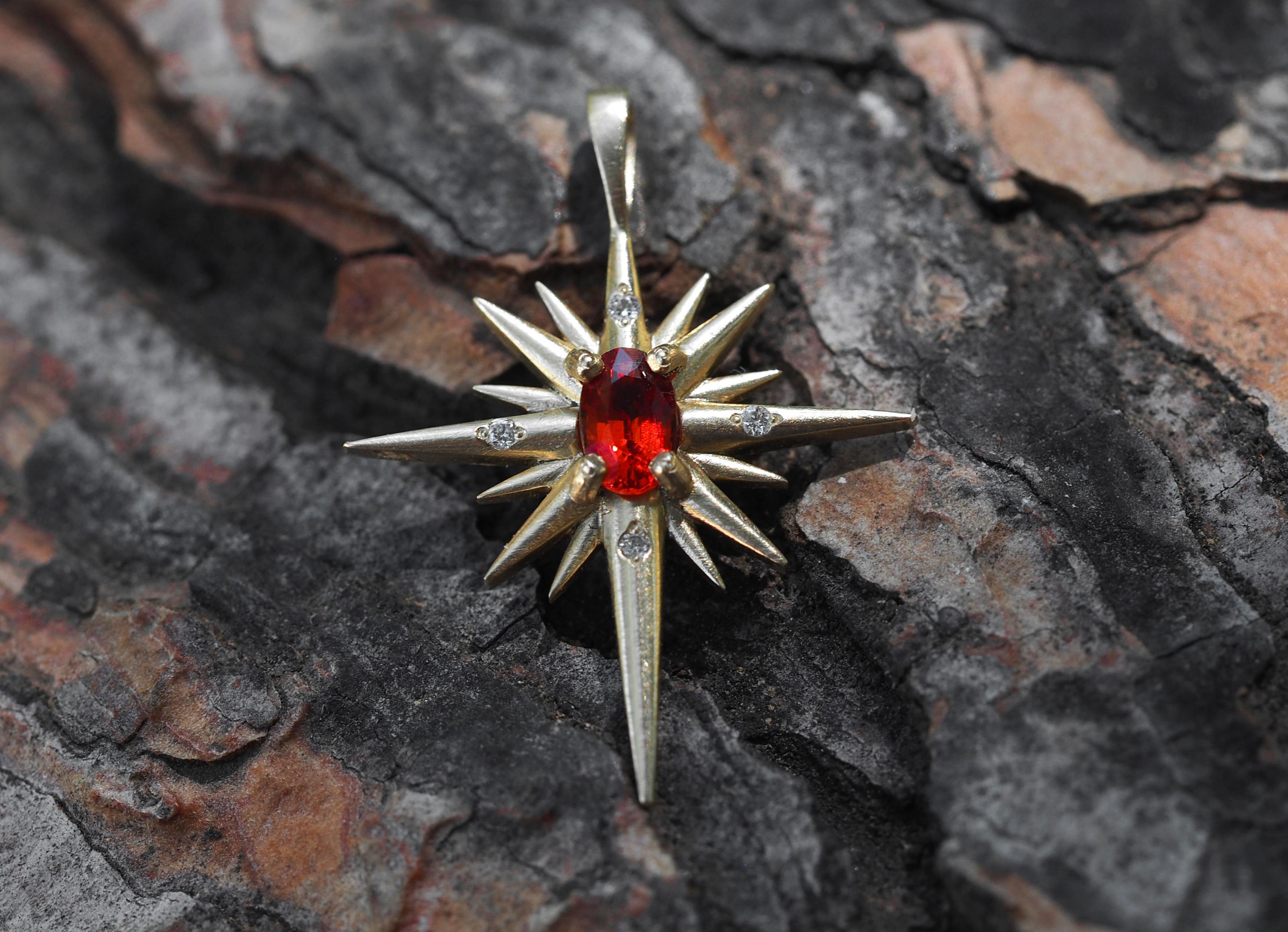 14k Gold Pendant with Orange-Red Sapphire and Diamonds, Shining Star Pendant For Sale 3