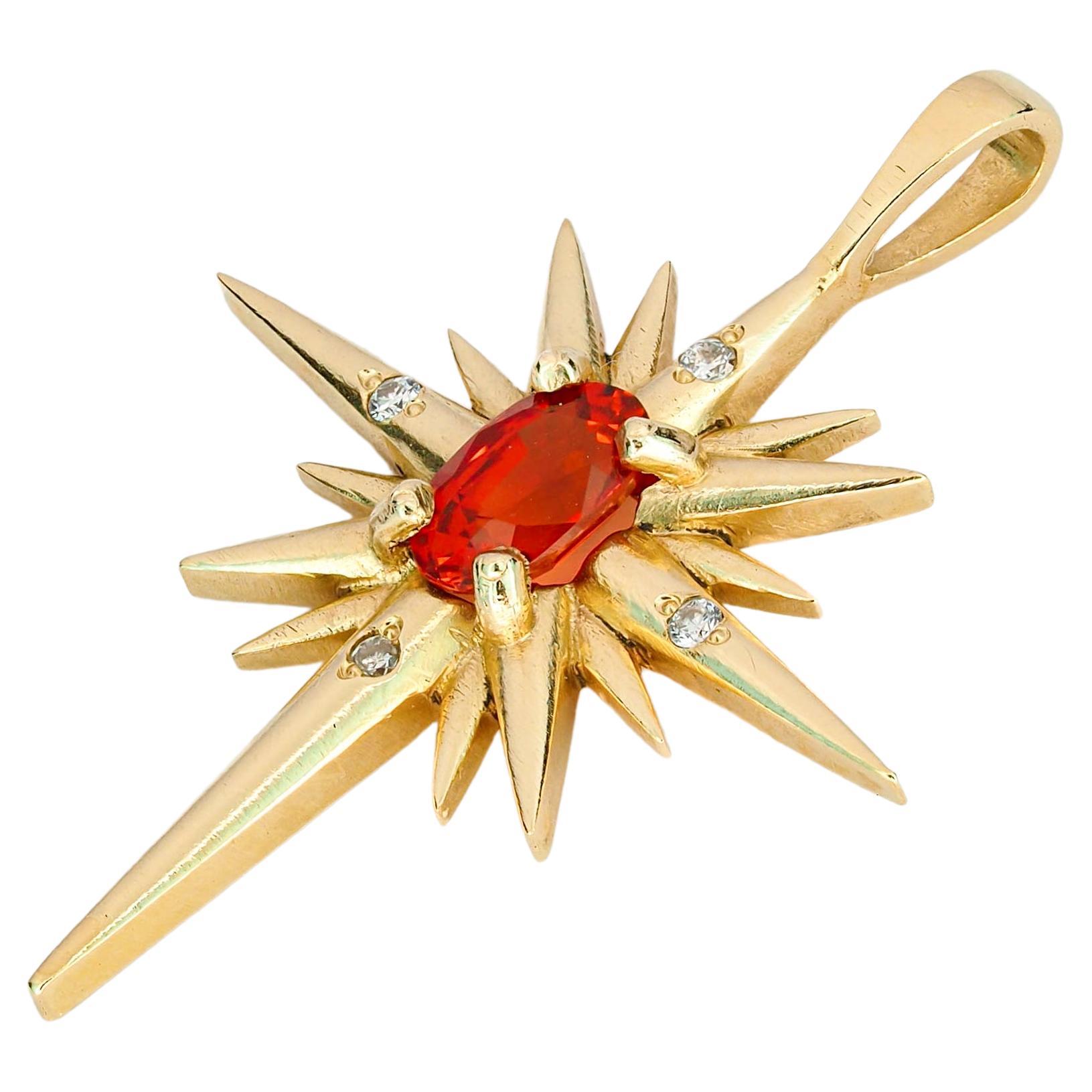 14k Gold Pendant with Orange-Red Sapphire and Diamonds, Shining Star Pendant