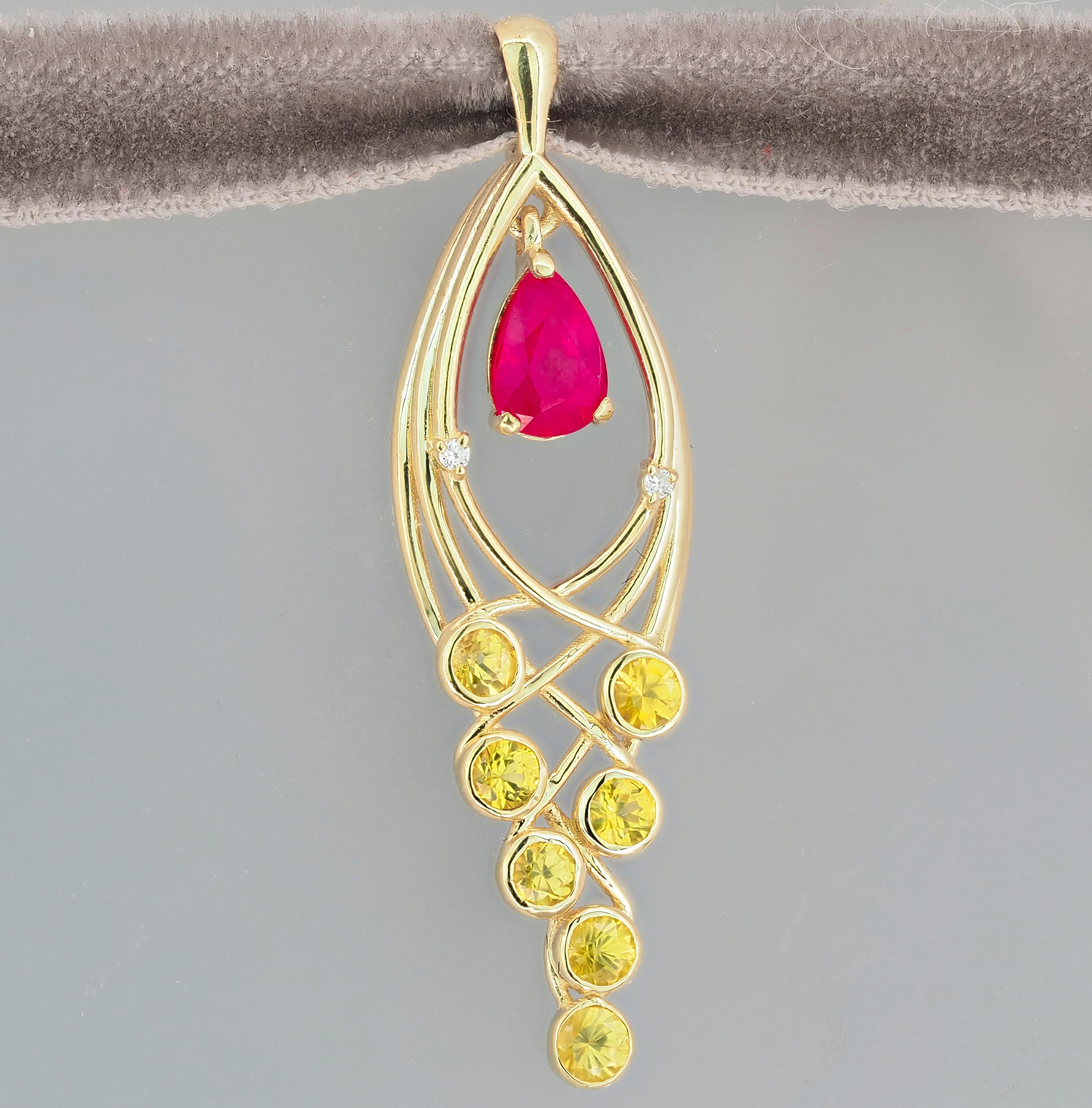 14 kt solid gold pendant with natural ruby, sapphires and diamonds. July birthstone.
Weight: 1.4 g.
Pendant size: 35 х 10.33 mm. 
Central stone: Ruby
Cut: pear
Weight: approx 0.70 ct.
Color: Red
Clarity: Transparent  with inclusions
Sapphires, round