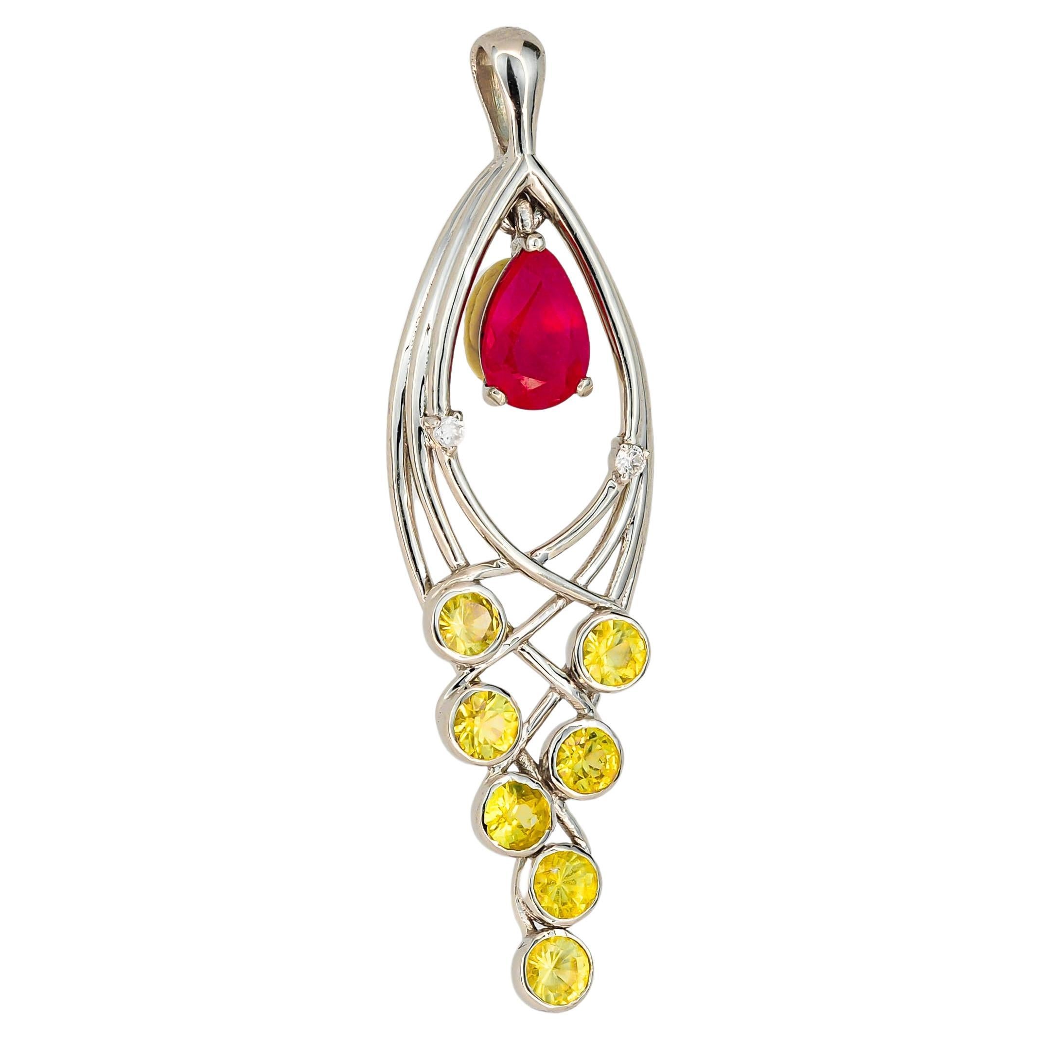 Ruby and sapphires 14 karat gold pendant For Sale