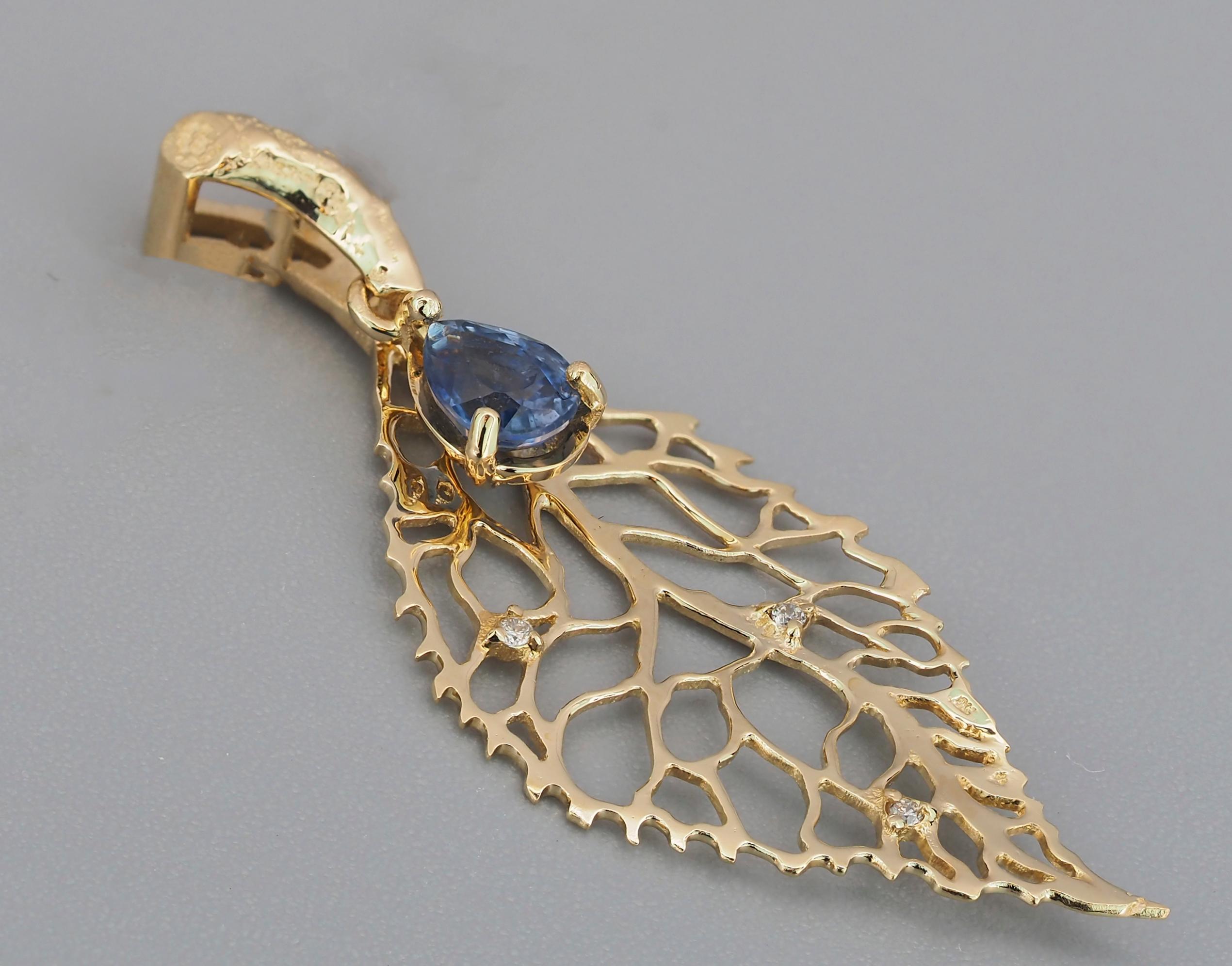14k Gold Pendant with Sapphire and Diamonds, Gold Leaf Pendant For Sale 8