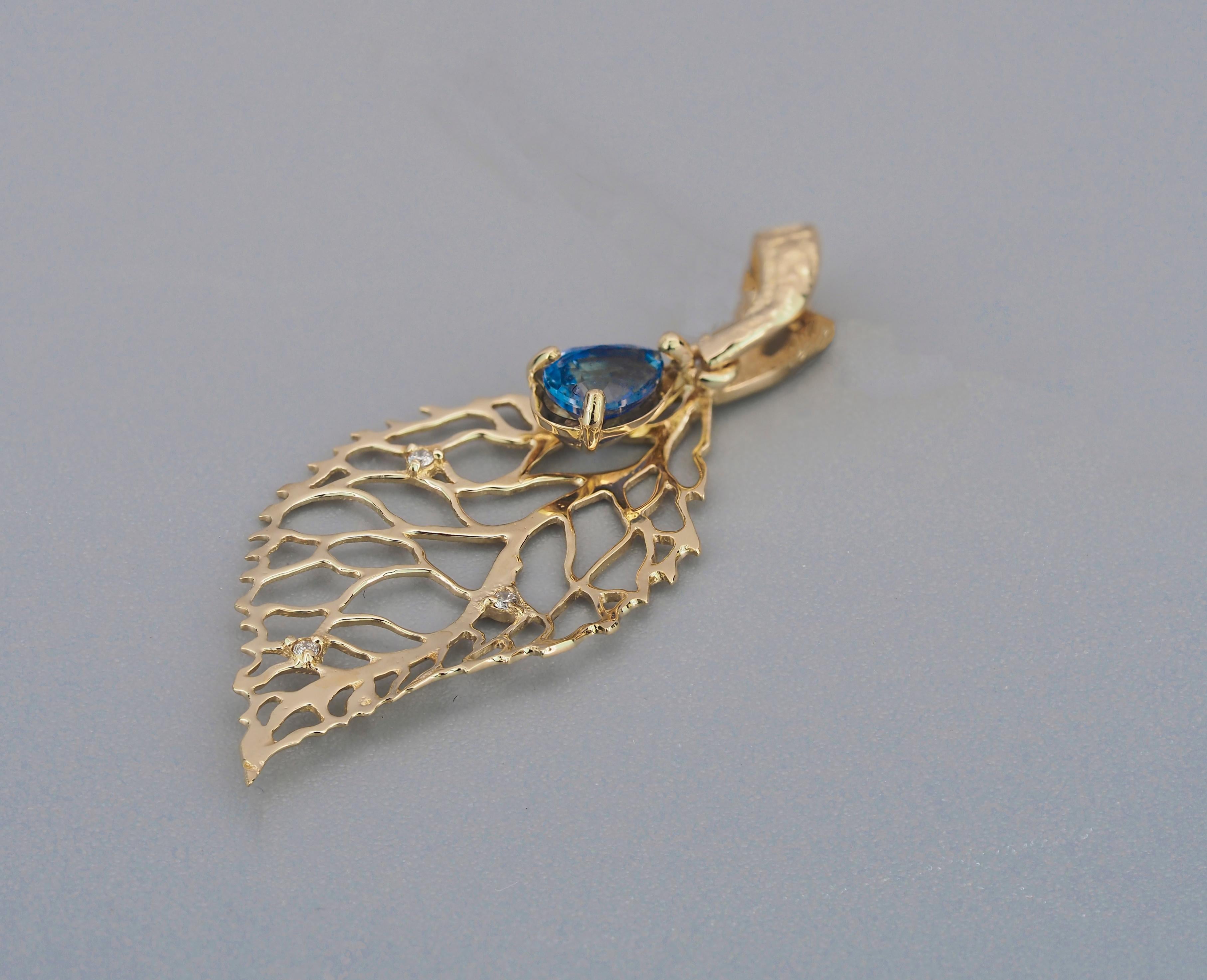 14k Gold Pendant with Sapphire and Diamonds, Gold Leaf Pendant For Sale 9