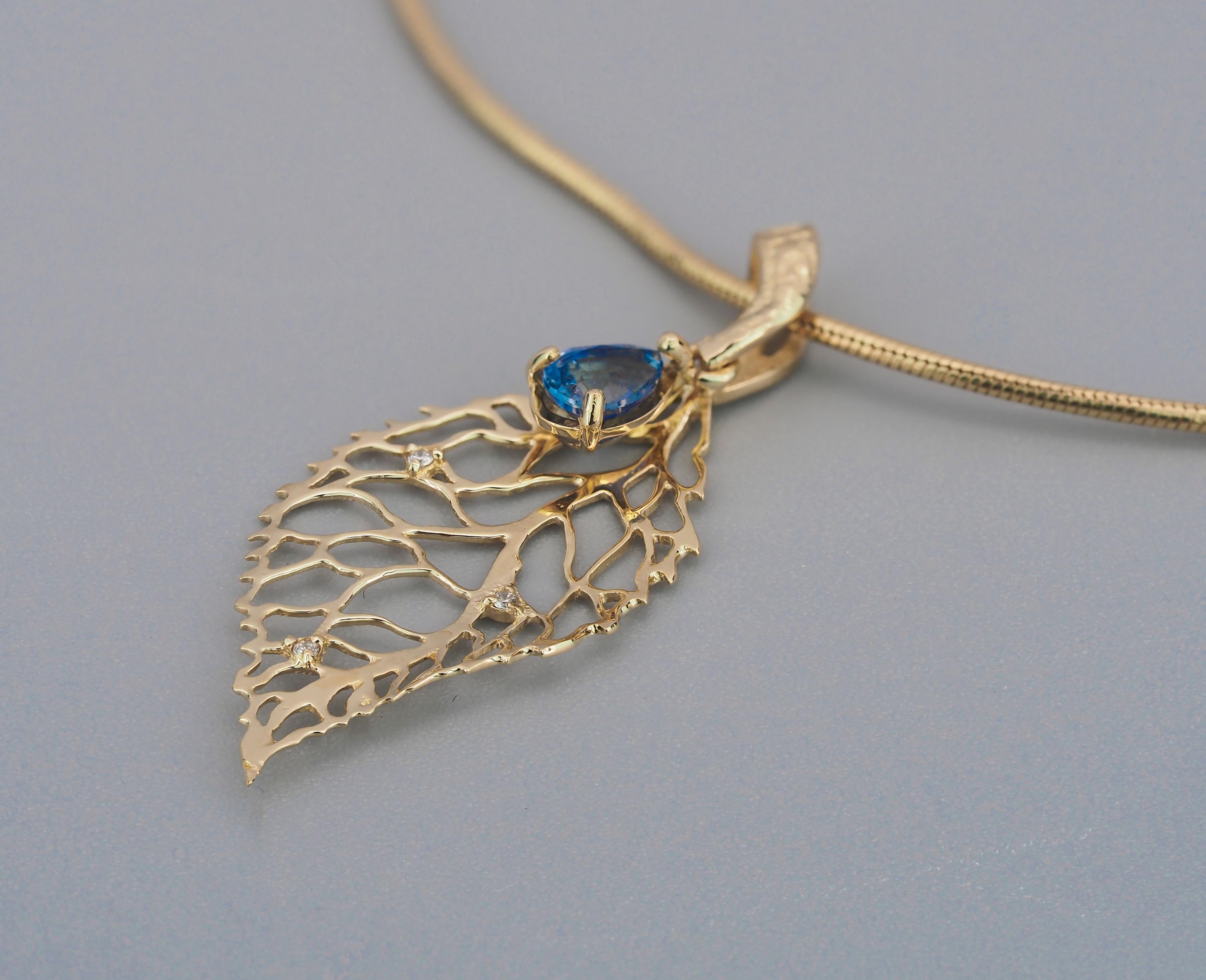 14k Gold Pendant with Sapphire and Diamonds, Gold Leaf Pendant For Sale 10