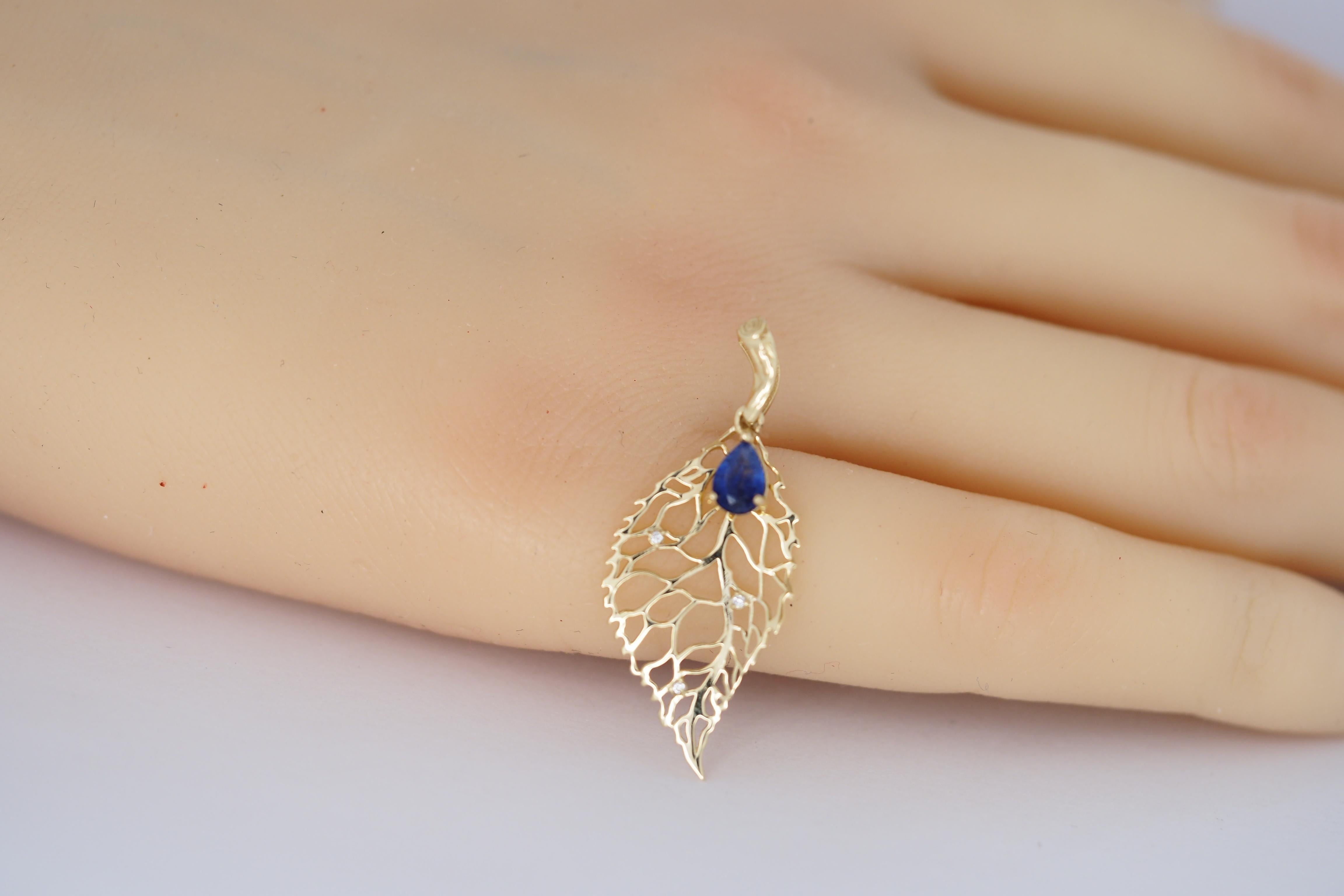 Modern 14k Gold Pendant with Sapphire and Diamonds, Gold Leaf Pendant For Sale