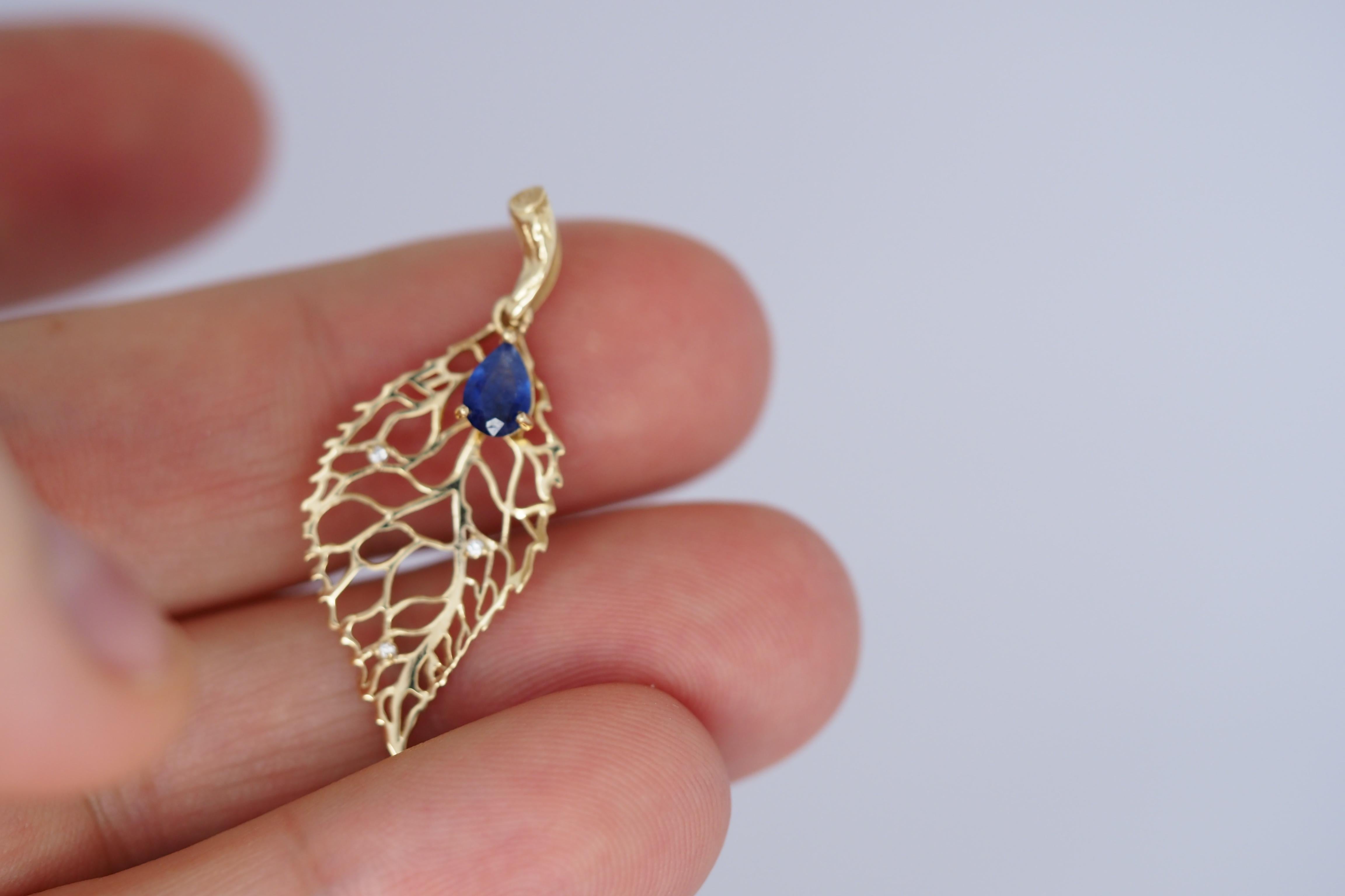 Women's 14k Gold Pendant with Sapphire and Diamonds, Gold Leaf Pendant For Sale