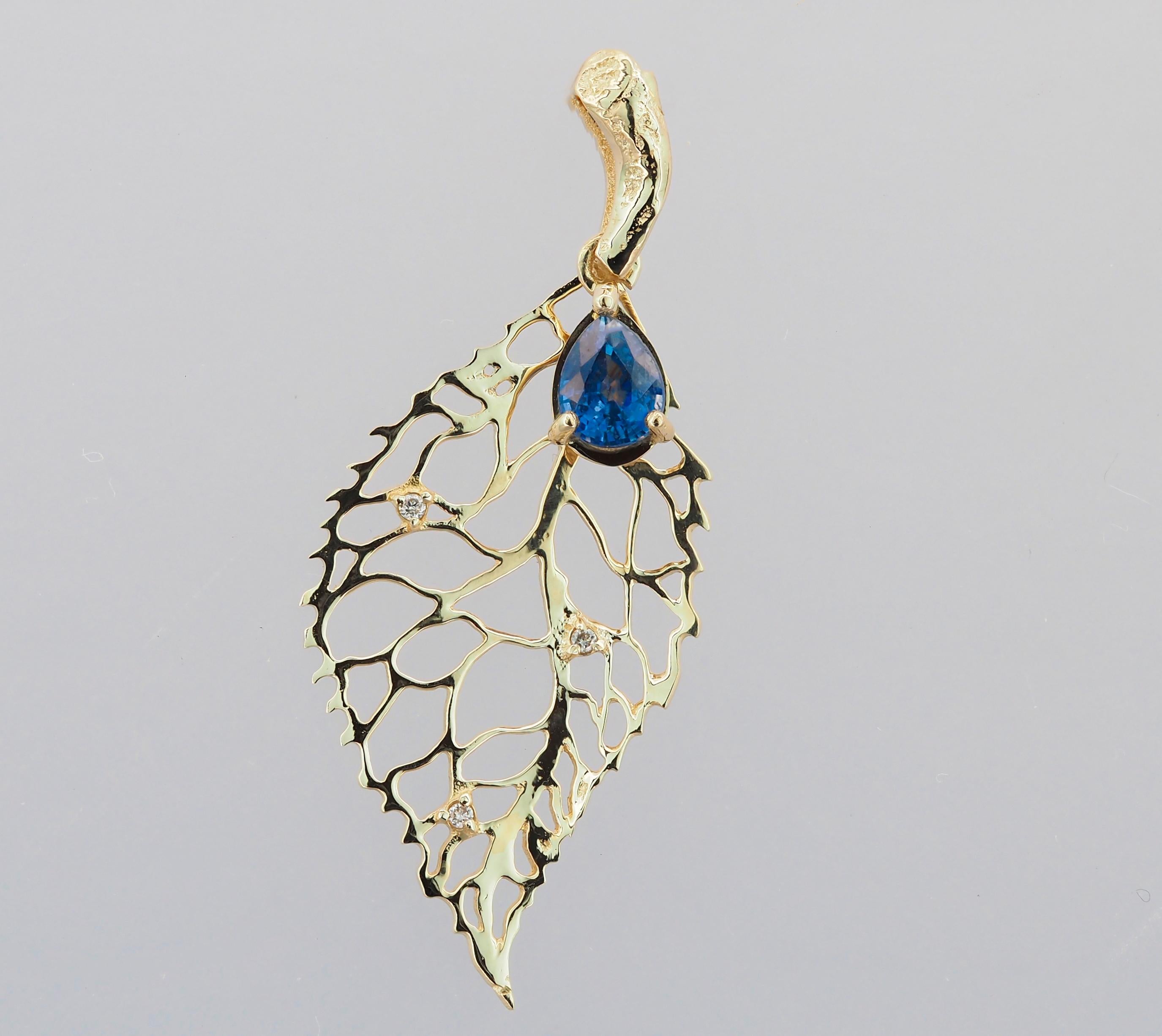 14k Gold Pendant with Sapphire and Diamonds, Gold Leaf Pendant In New Condition For Sale In Istanbul, TR
