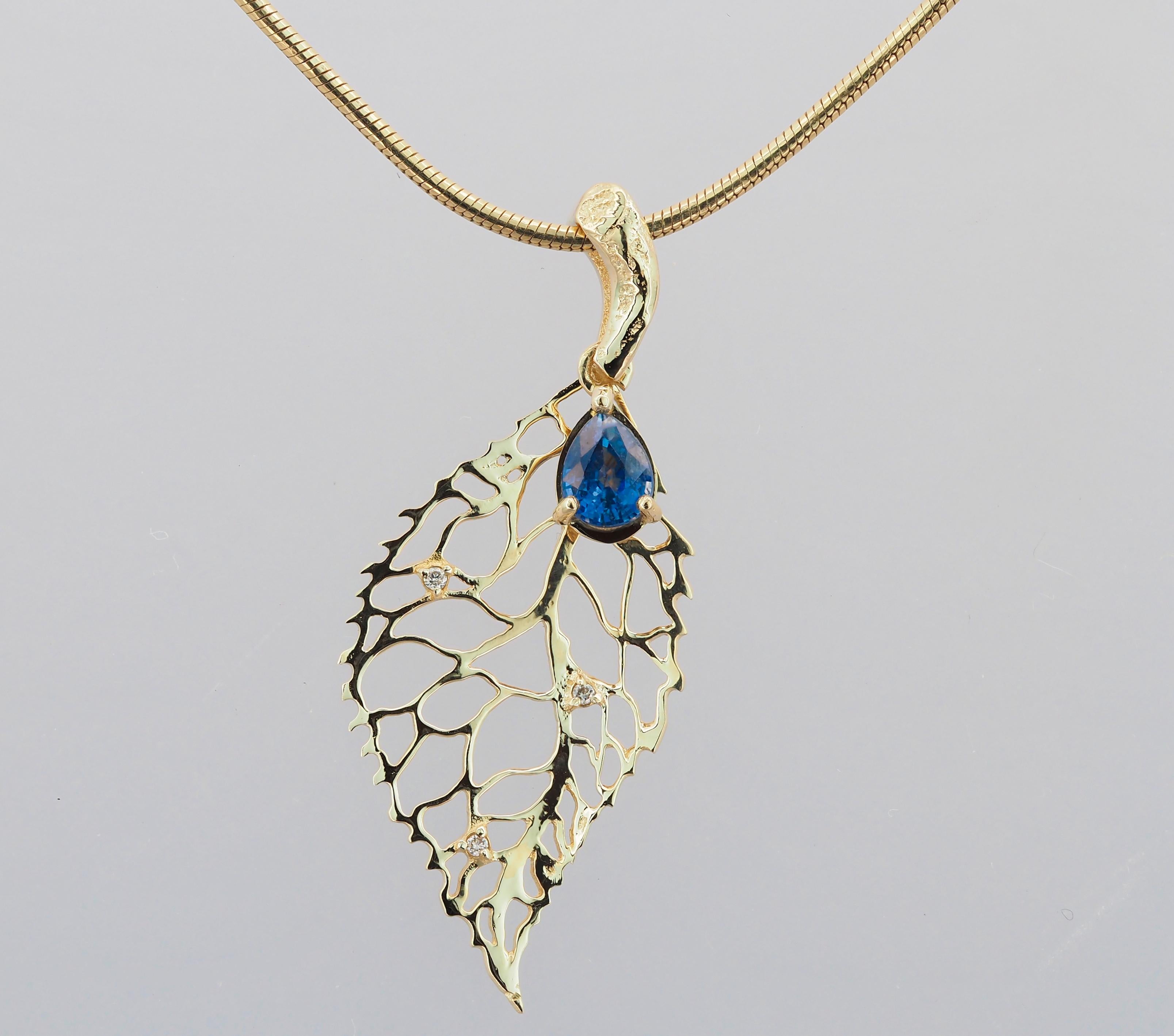 14k Gold Pendant with Sapphire and Diamonds, Gold Leaf Pendant For Sale 1