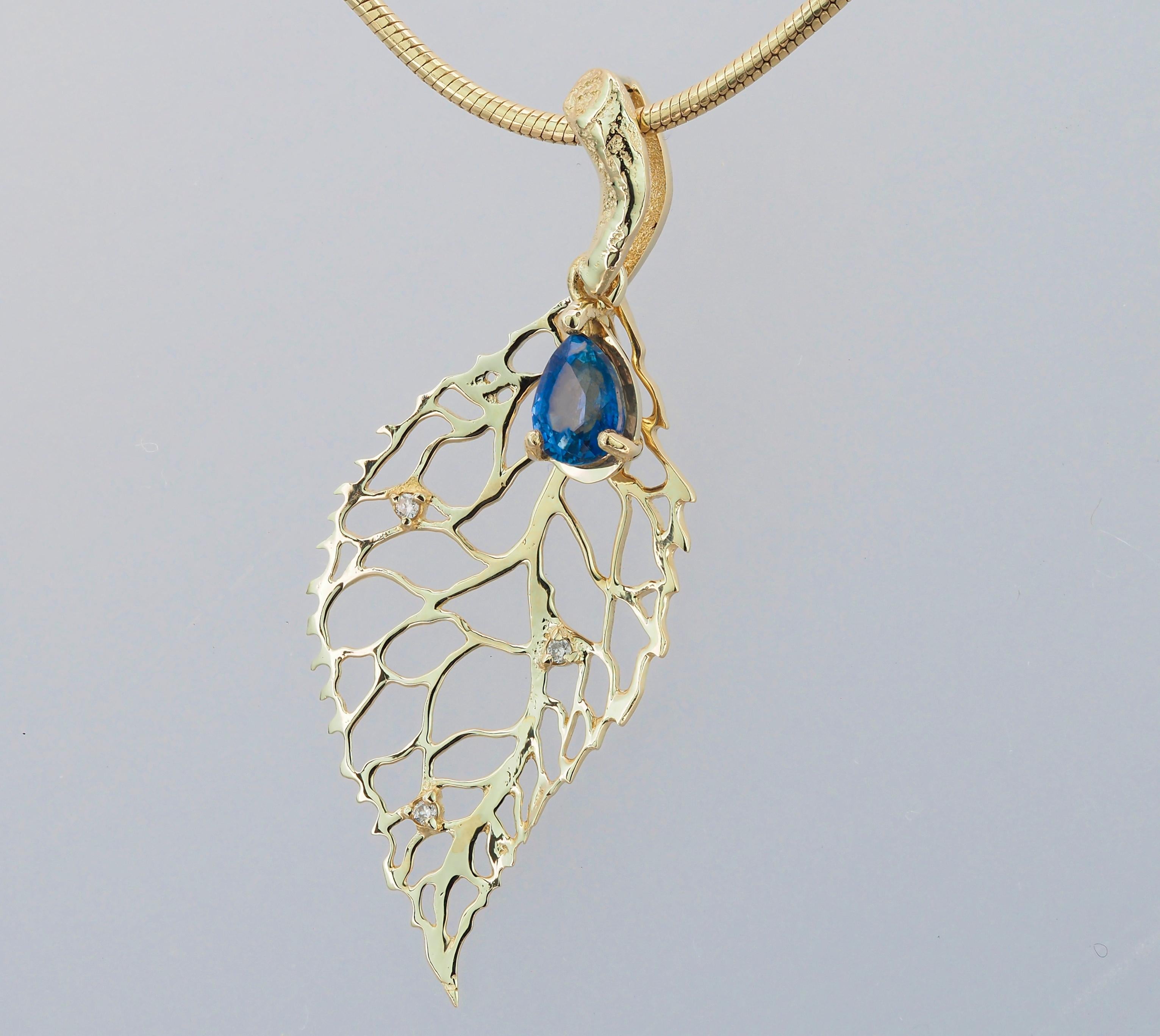 14k Gold Pendant with Sapphire and Diamonds, Gold Leaf Pendant For Sale 3