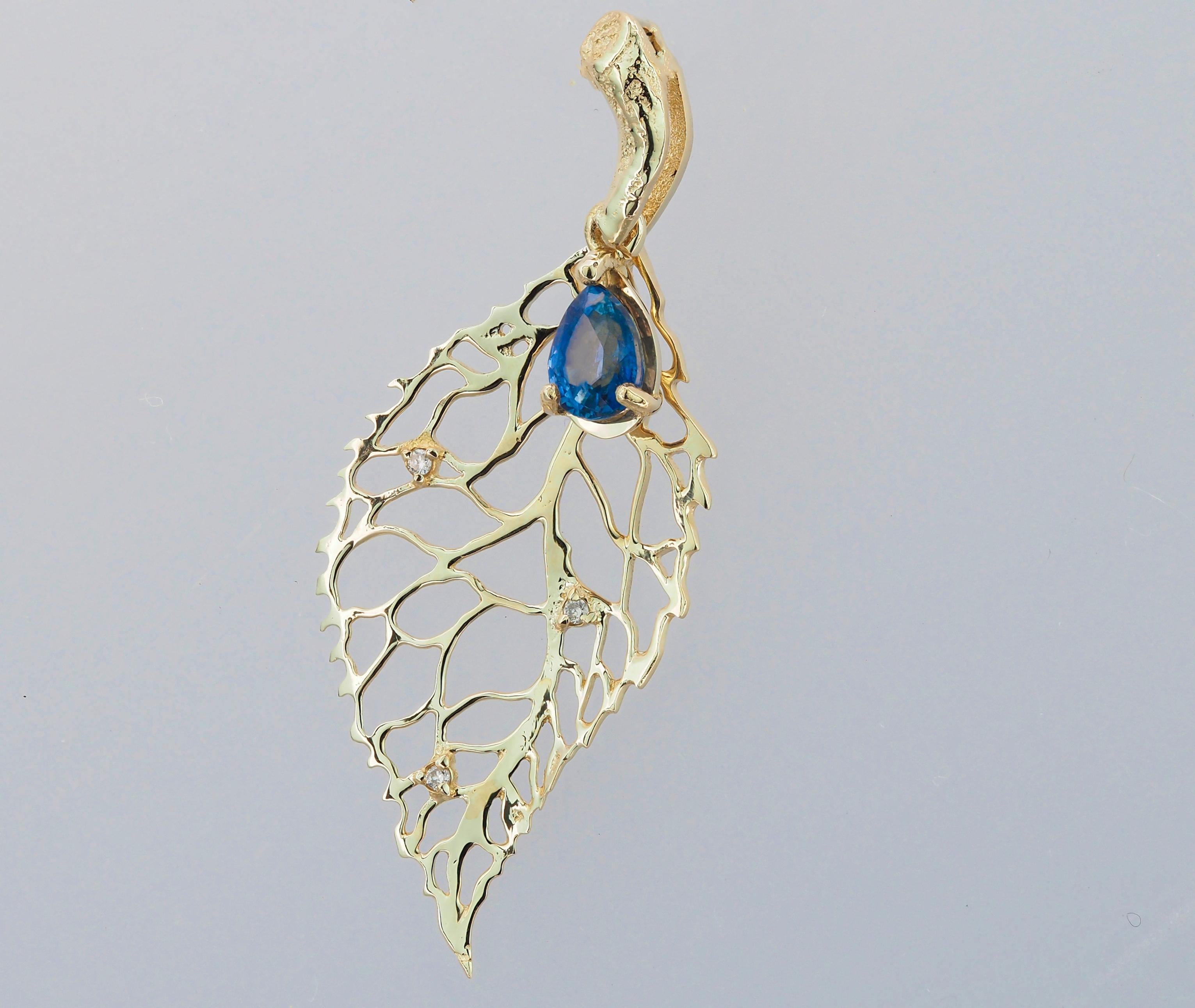 14k Gold Pendant with Sapphire and Diamonds, Gold Leaf Pendant For Sale 4
