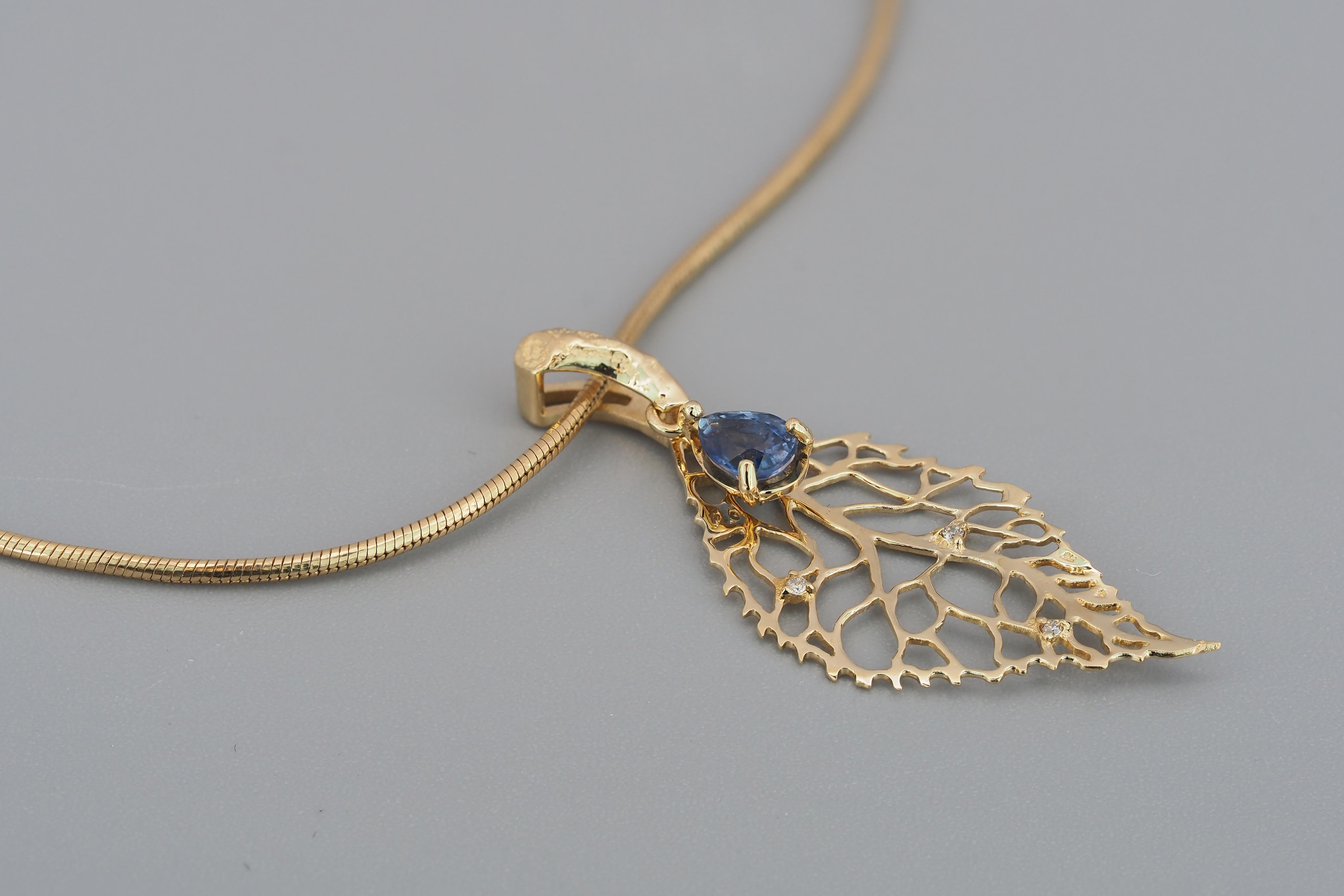 14k Gold Pendant with Sapphire and Diamonds, Gold Leaf Pendant For Sale 5