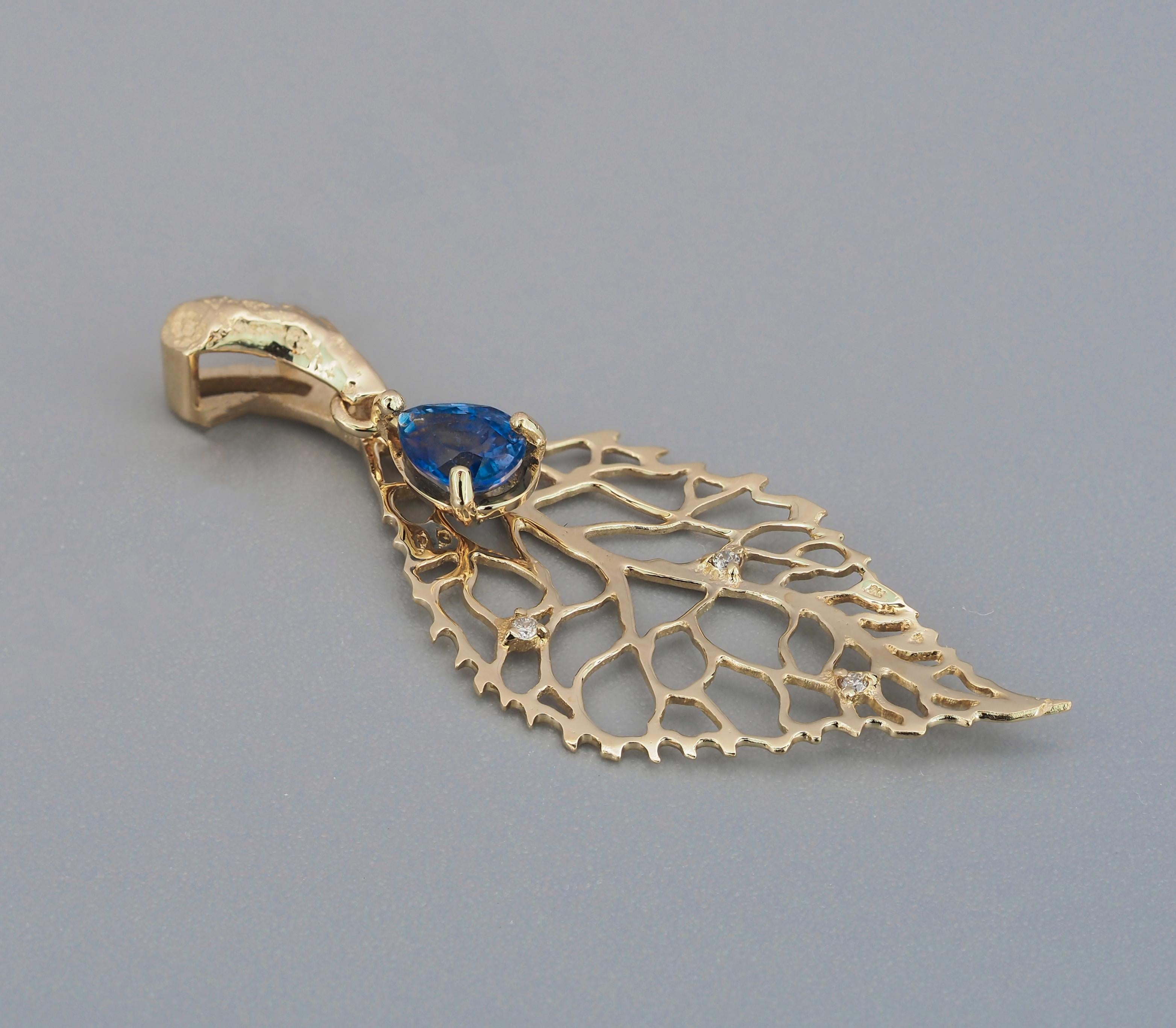 14k Gold Pendant with Sapphire and Diamonds, Gold Leaf Pendant For Sale 6