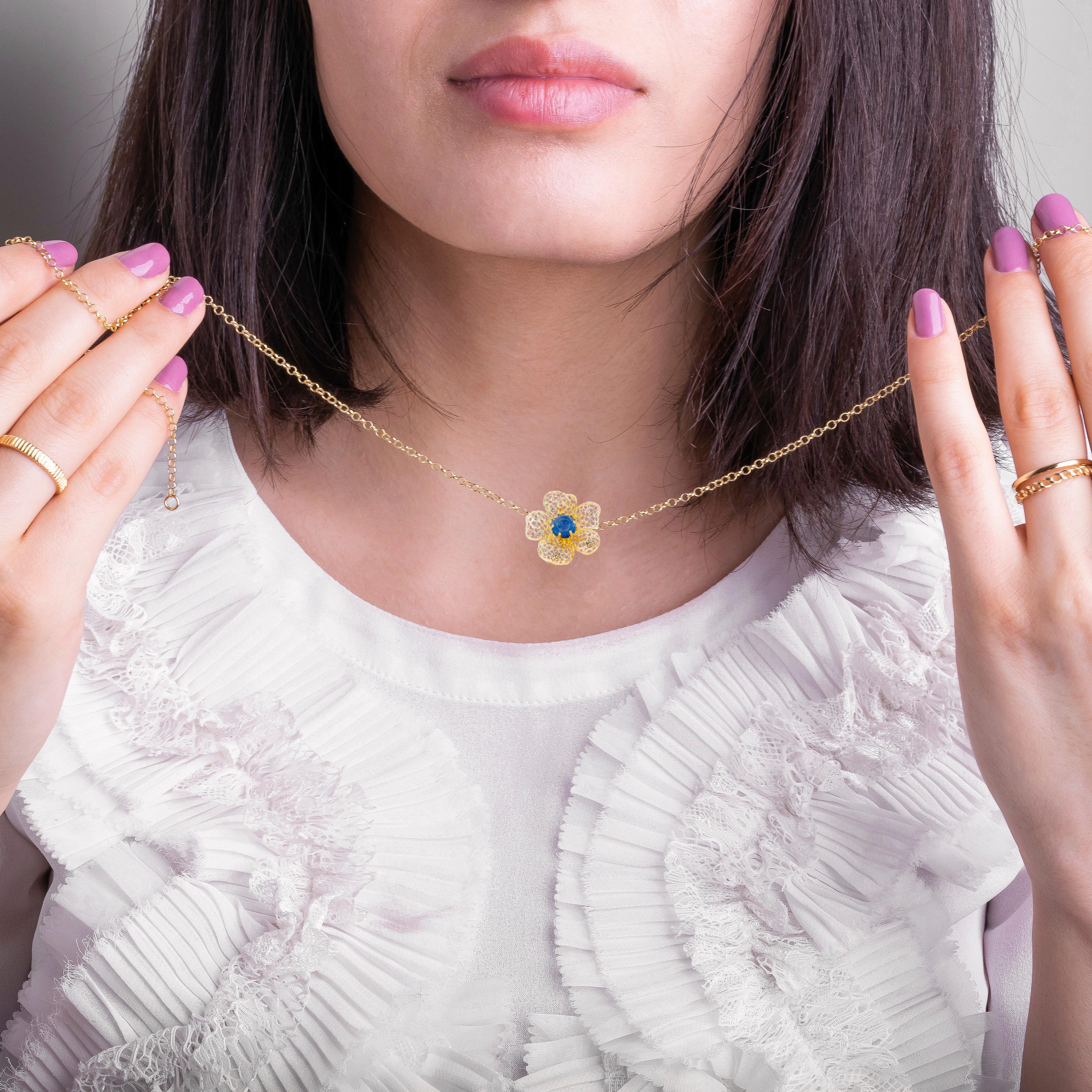 14 karat Gold Pendant with Sapphires and Diamonds. Flower Pendant For Sale 2