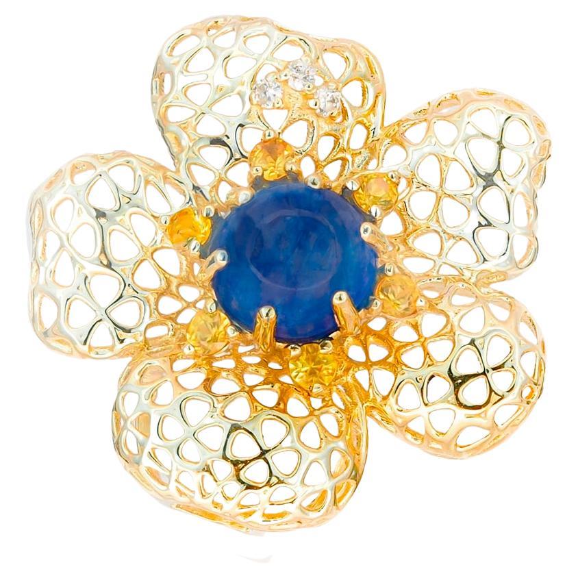 14 karat Gold Pendant with Sapphires and Diamonds. Flower Pendant For Sale