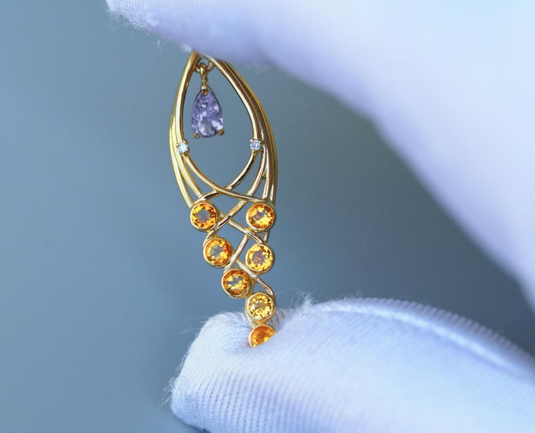 Modern 14k Gold Pendant with Tanzanite, Sapphires and Diamonds For Sale