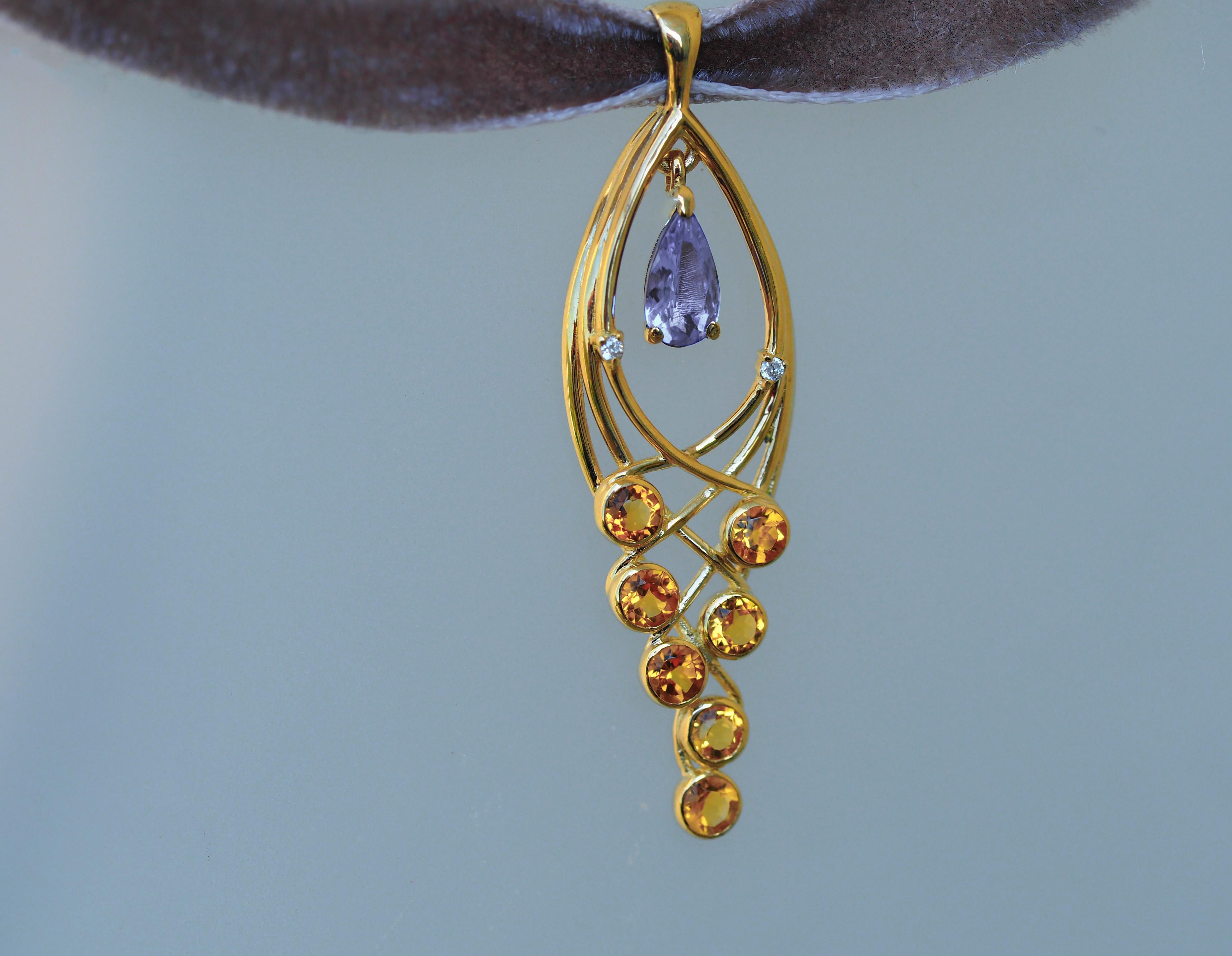 Women's 14k Gold Pendant with Tanzanite, Sapphires and Diamonds For Sale