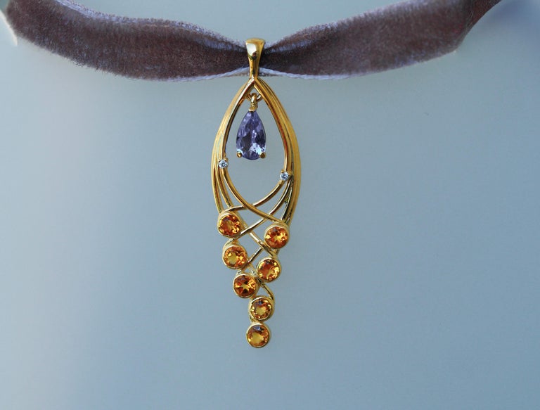 14k Gold Pendant with Tanzanite, Sapphires and Diamonds For Sale 1