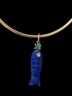 14k Gold Perfect Poisson Lapis Fish Pendant with Emerald & Diamond